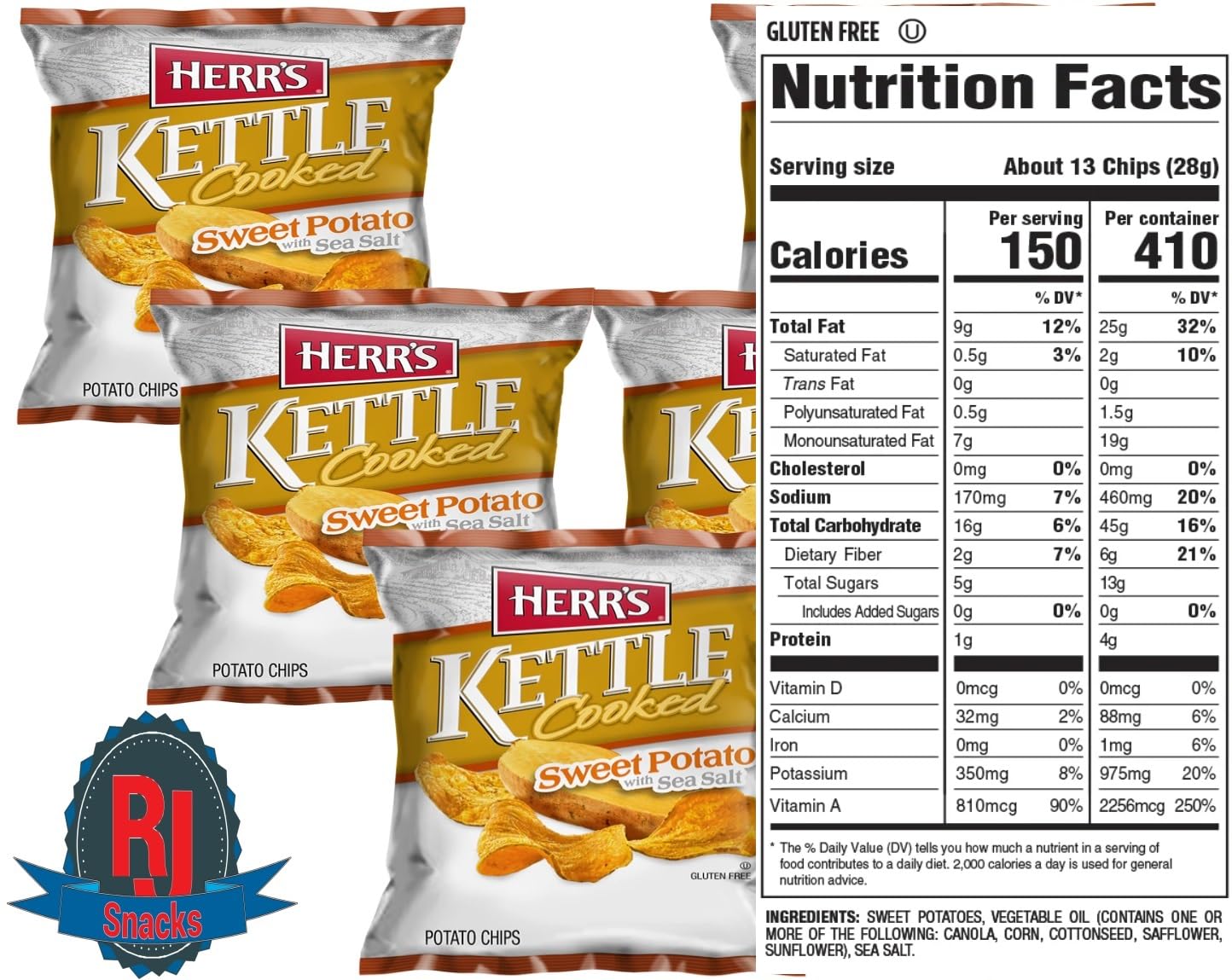 Herr's Kettle Cooked Sweet Potato Chips - Gluten Free Snacks, 2.5 Oz Pack (12 Count) - Crunchy & Healthy Value Pack for Parties, Lunch Boxes & On-the-Go Snacking