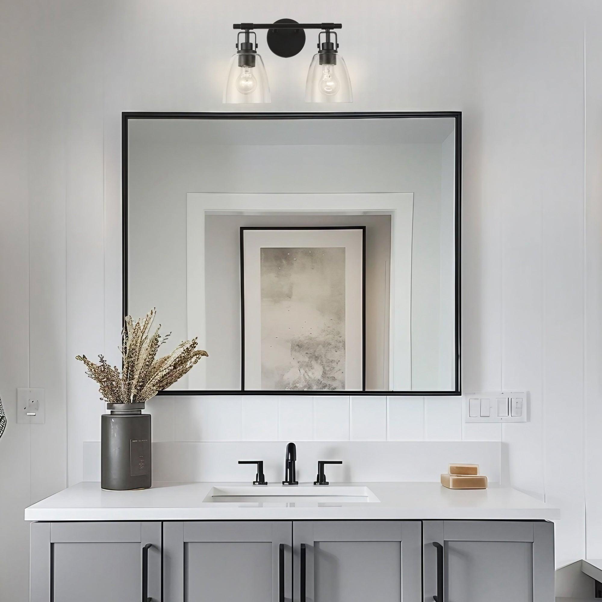 Modern Farmhouse 2-Light Vanity Light - Brushed Nickel Bathroom Sconce with Clear Glass Shades - Perfect for Bathroom, Powder Room, and Dressing Area Lighting