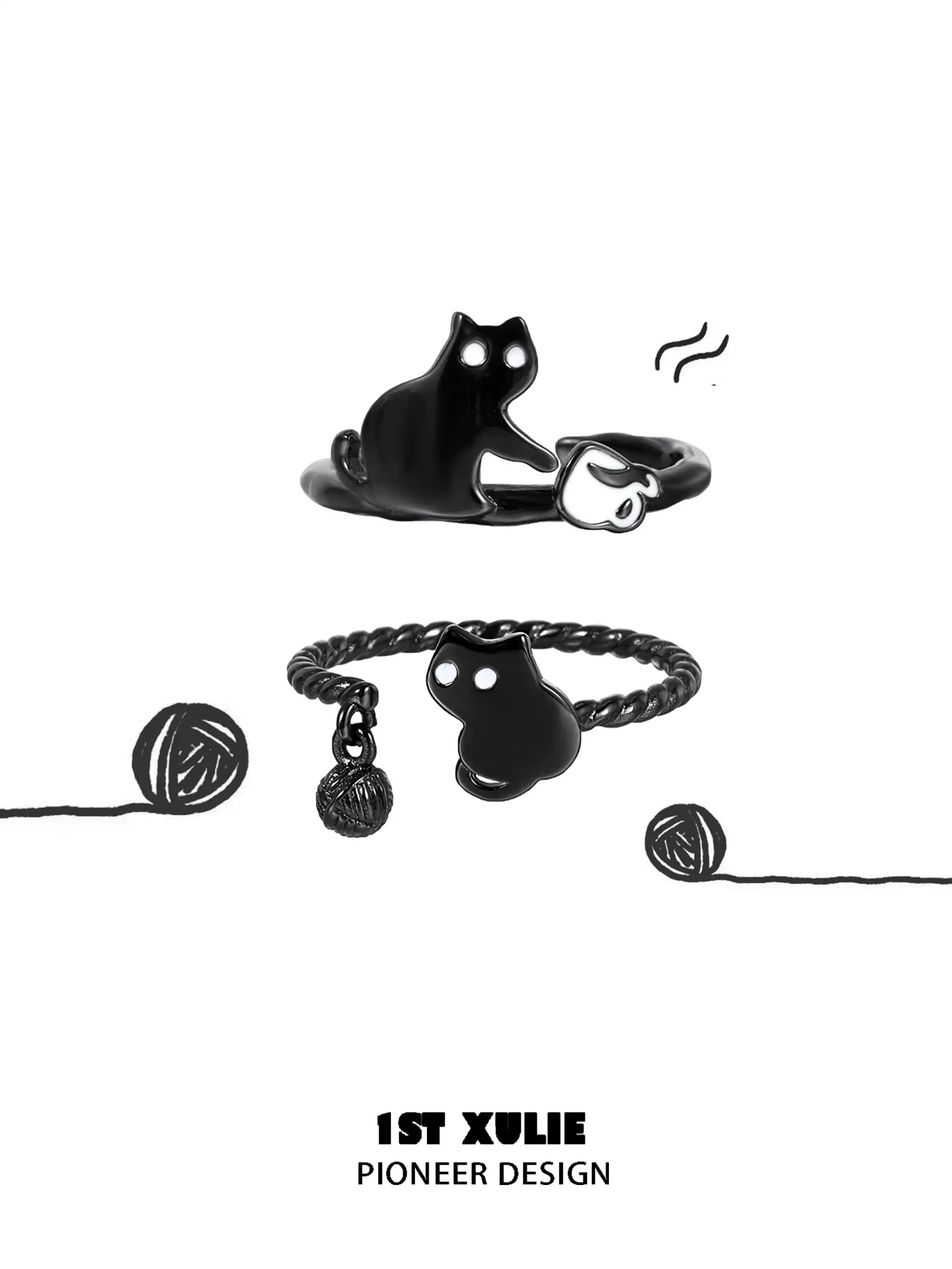 Black Cat Ghost Adjustable Sterling Silver S925 Thin Band Ring for Women - Perfect for Halloween, Gothic Fashion & Everyday Boho Jewelry