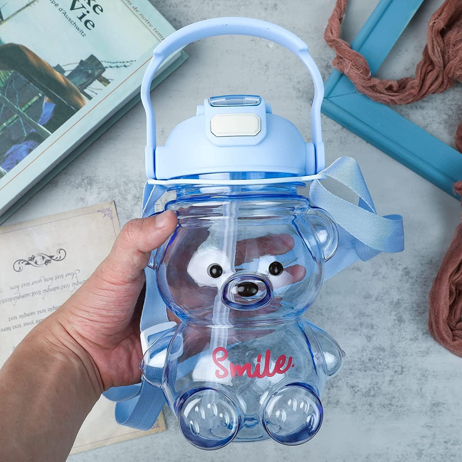 Spocco Smile Teddy Bear Water Bottle - Cute Portable Bear Shaped Bottle with Adjustable Strap & Secure Lock - 1000ml (WB04) - Perfect for School, Gym, Travel & Outdoor Activities
