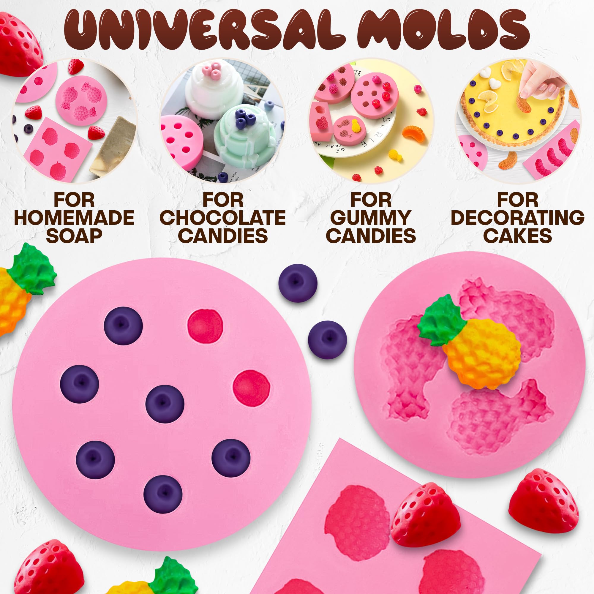 5Pcs Silicone Fruit Snack Molds Set - 3D Pineapple, Strawberry, Orange & Blueberry Shaped Candy Molds for DIY Gummy, Jelly, Chocolate Making - BPA Free Baking Tools for Kids Party, Home Kitchen Decor