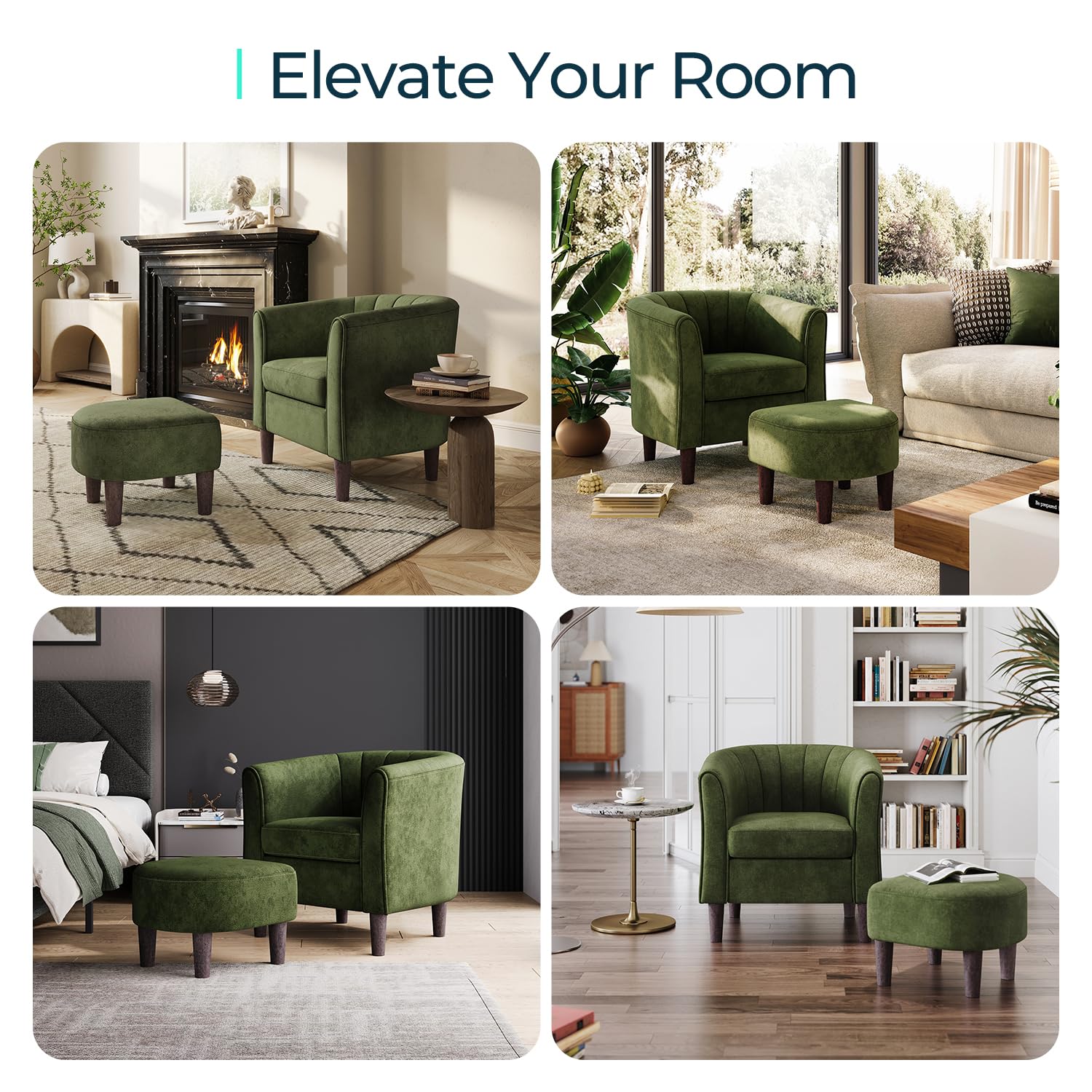 LINSY Modern Velvet Accent Chair with Ottoman - Barrel Armchair for Living Room, Bedroom & Reading Room - Comfy Round Arms & Footrest - Olive Green - Perfect for Relaxing, Reading & Lounging