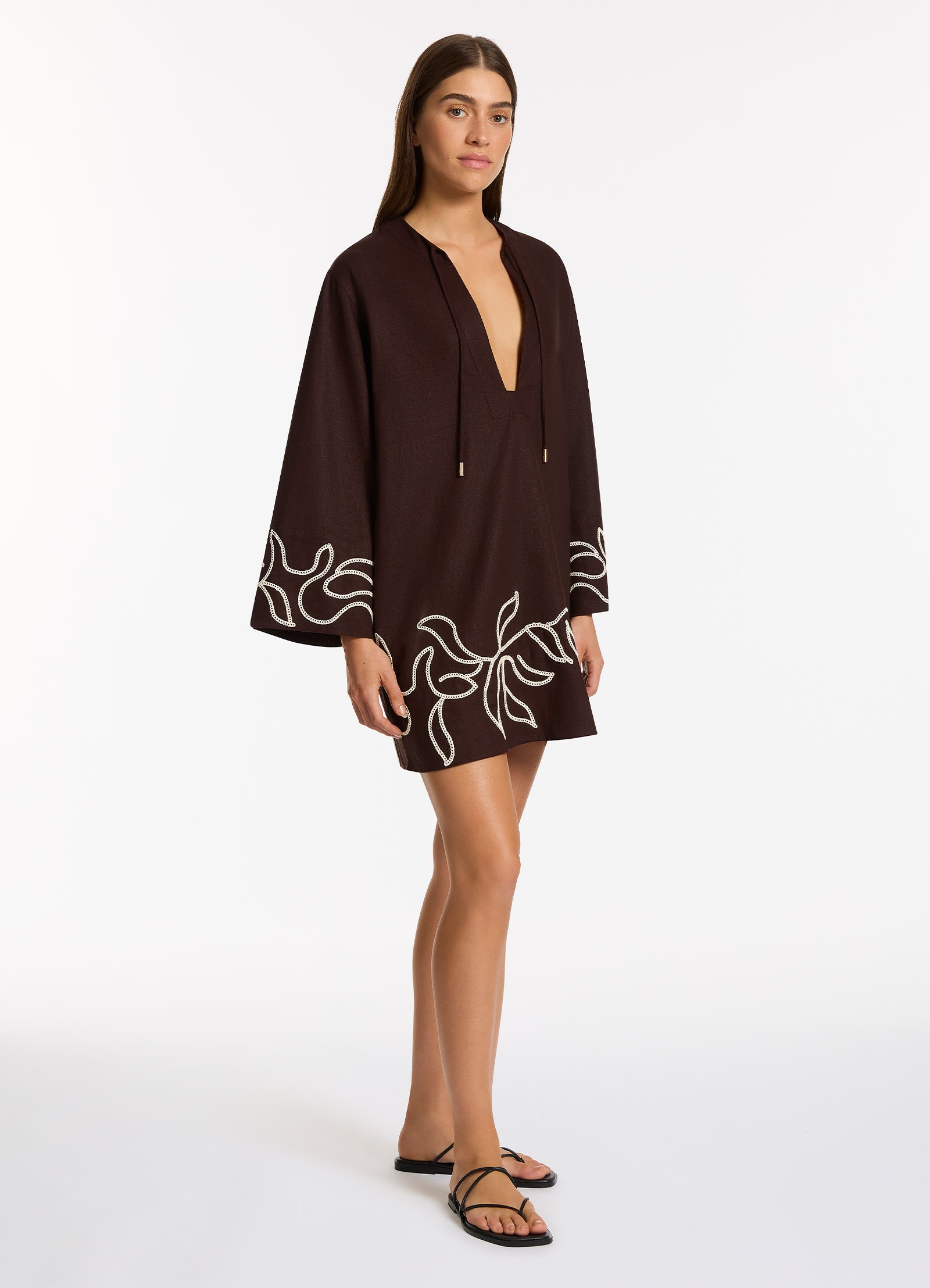 Dahlia Palm Embroidered Mini Kaftan Dress - Floral Boho Chic Beach Cover Up for Women - Perfect for Vacation, Poolside, and Summer Outings
