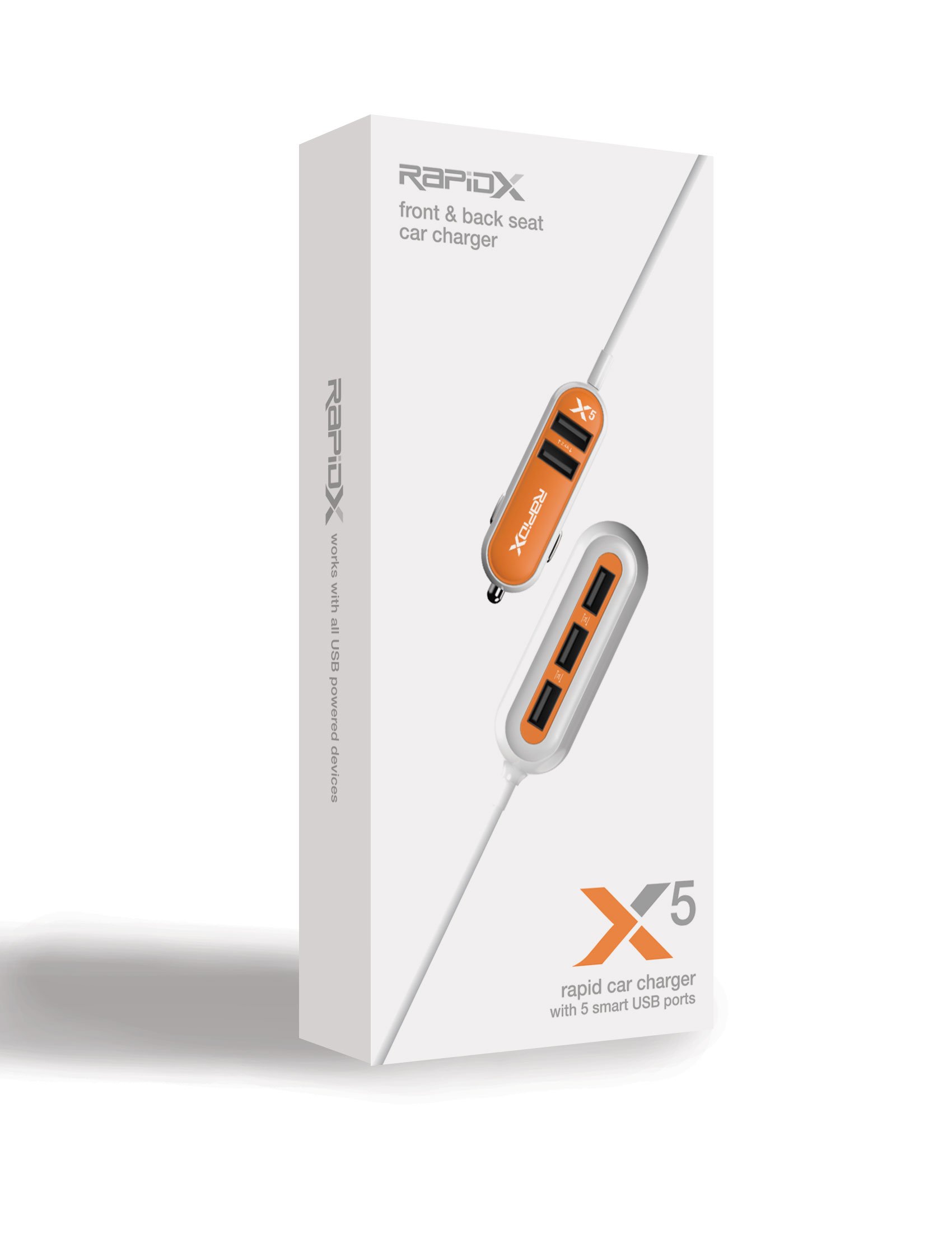 RapidX X5 Fast Car Charger with 5 USB Ports - Compatible with iPhone 15/14/13, Samsung Galaxy S23/S22, Android Devices - Quick Charge 3.0 - Orange - Perfect for Road Trips, Family Travel & Multi-Device Charging