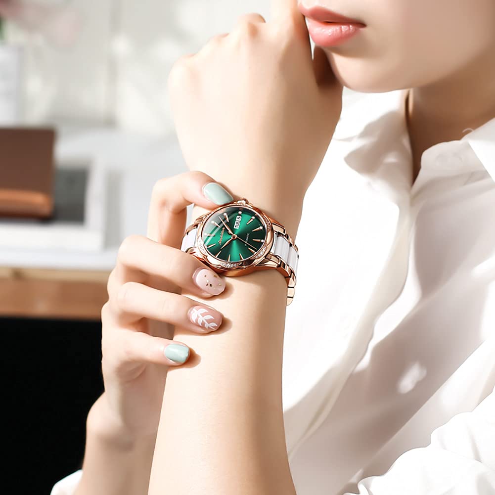 **Elegant Automatic Green Stainless Steel Women's Watch with Ceramic Bracelet – Self-Winding Mechanical Watch with Day/Date Display, Waterproof & Diamond Accents – Perfect for Office, Party & Everyday Wear**
