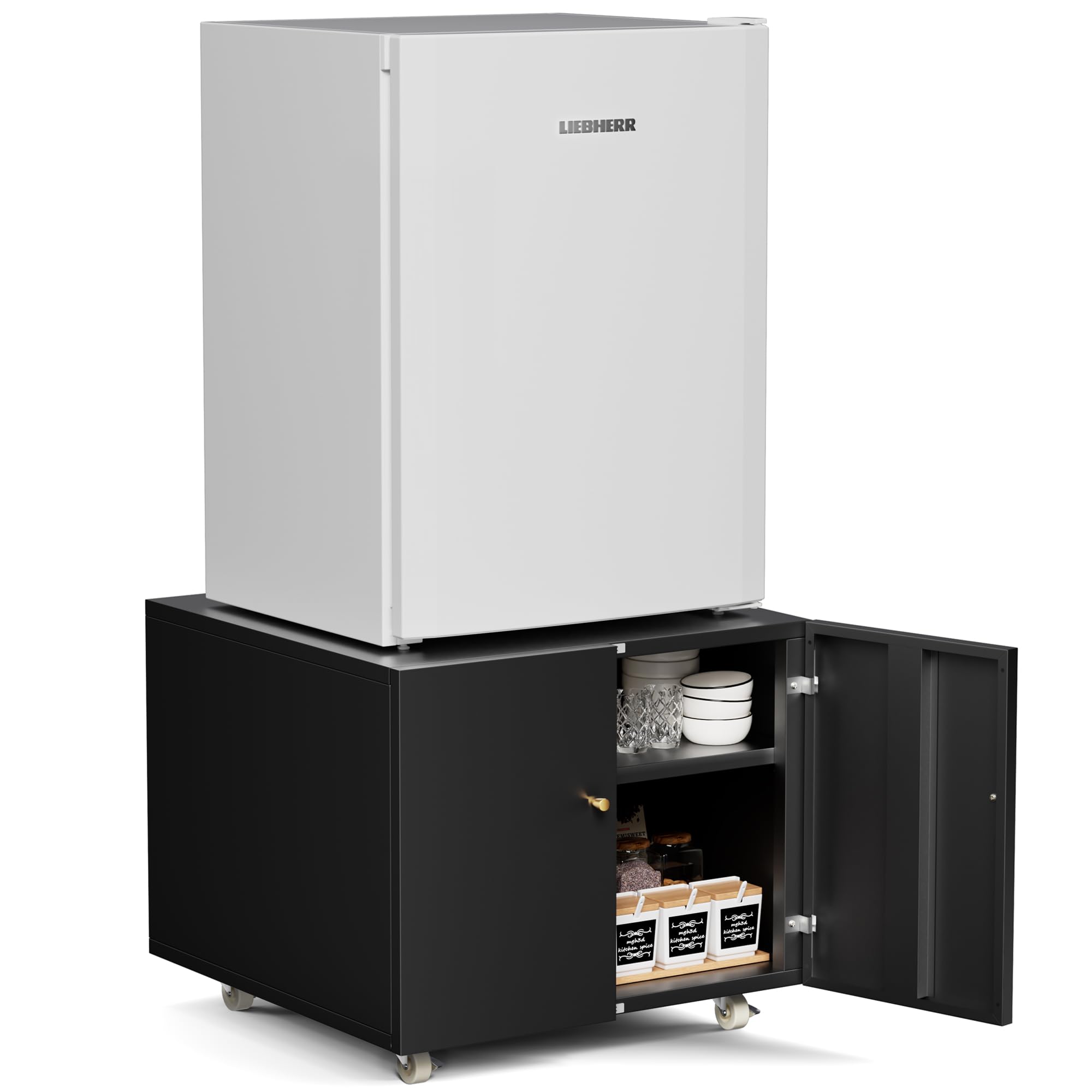 INMOZATA Large Fridge Stand with Storage & Adjustable Shelves - Metal Printer Table with Wheels for Small Spaces, Home Office (Black, 17.72