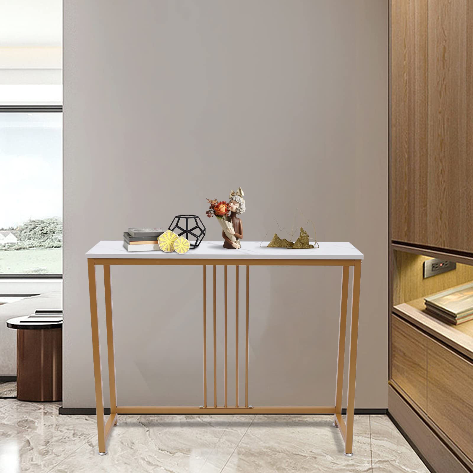 Gold Console Table with 2-Tier Storage Shelf - Entryway Hallway Furniture for Living Room, Foyer & Home Decor | Perfect for Small Spaces, Bookshelf Display & Entry Organization