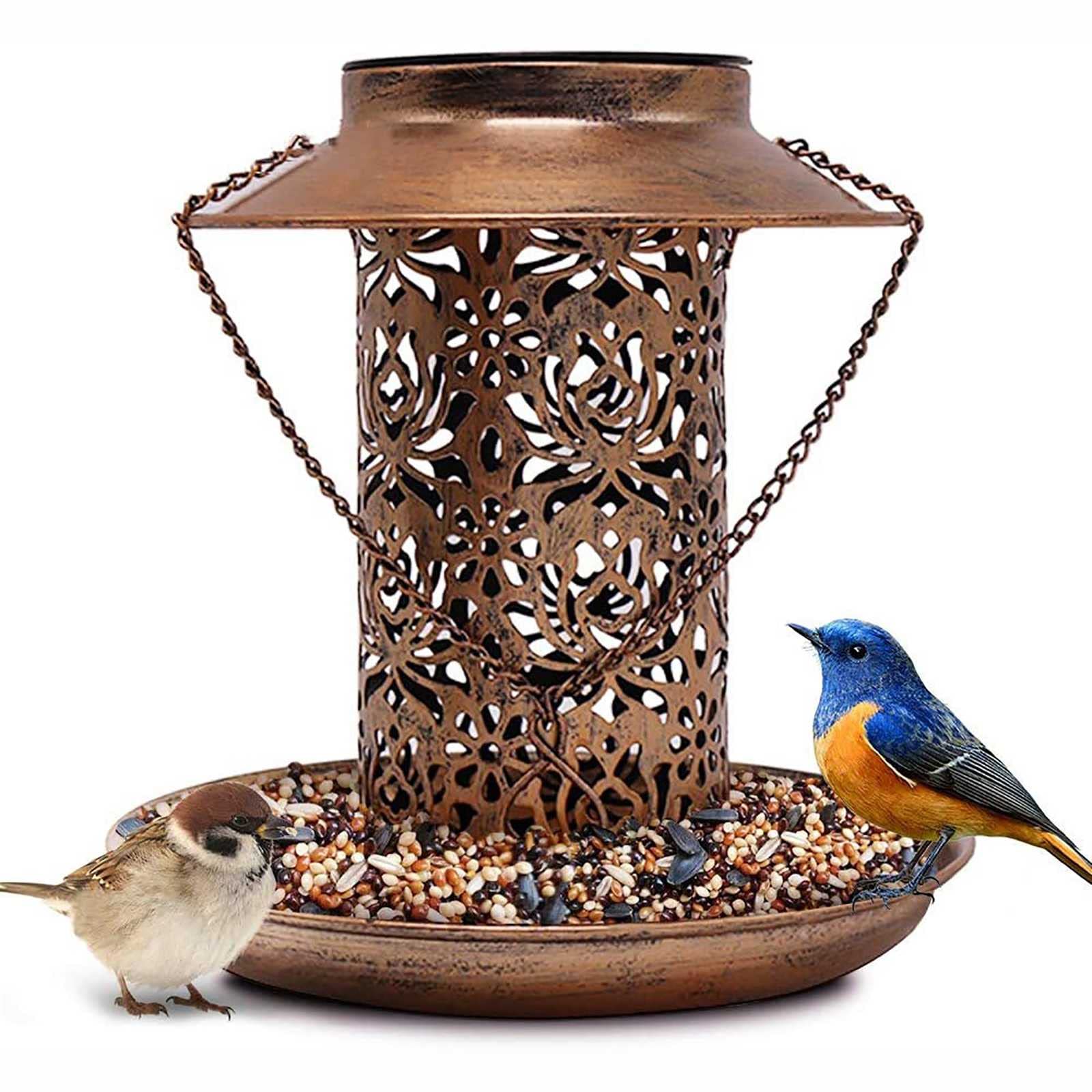 Yonatues Solar-Powered Heavy Duty Copper Bird Feeder - Outdoor Hanging Wild Bird Feeder with LED Light for Garden, Yard & Backyard - Perfect for Bird Watching & Outdoor Decoration (Great Gift Idea)