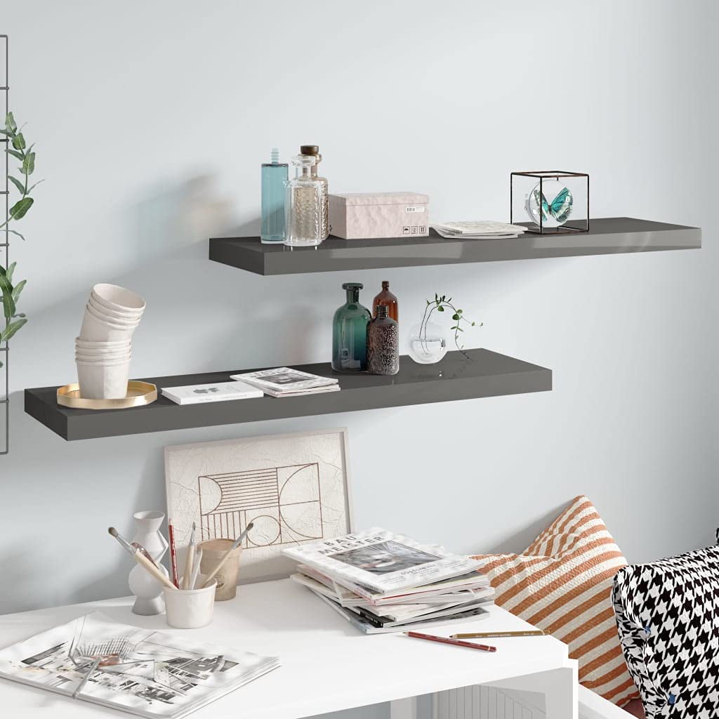 Floating Wall Shelves Set of 2 - Modern High Gloss Gray MDF Wall Mounted Shelves 35.4