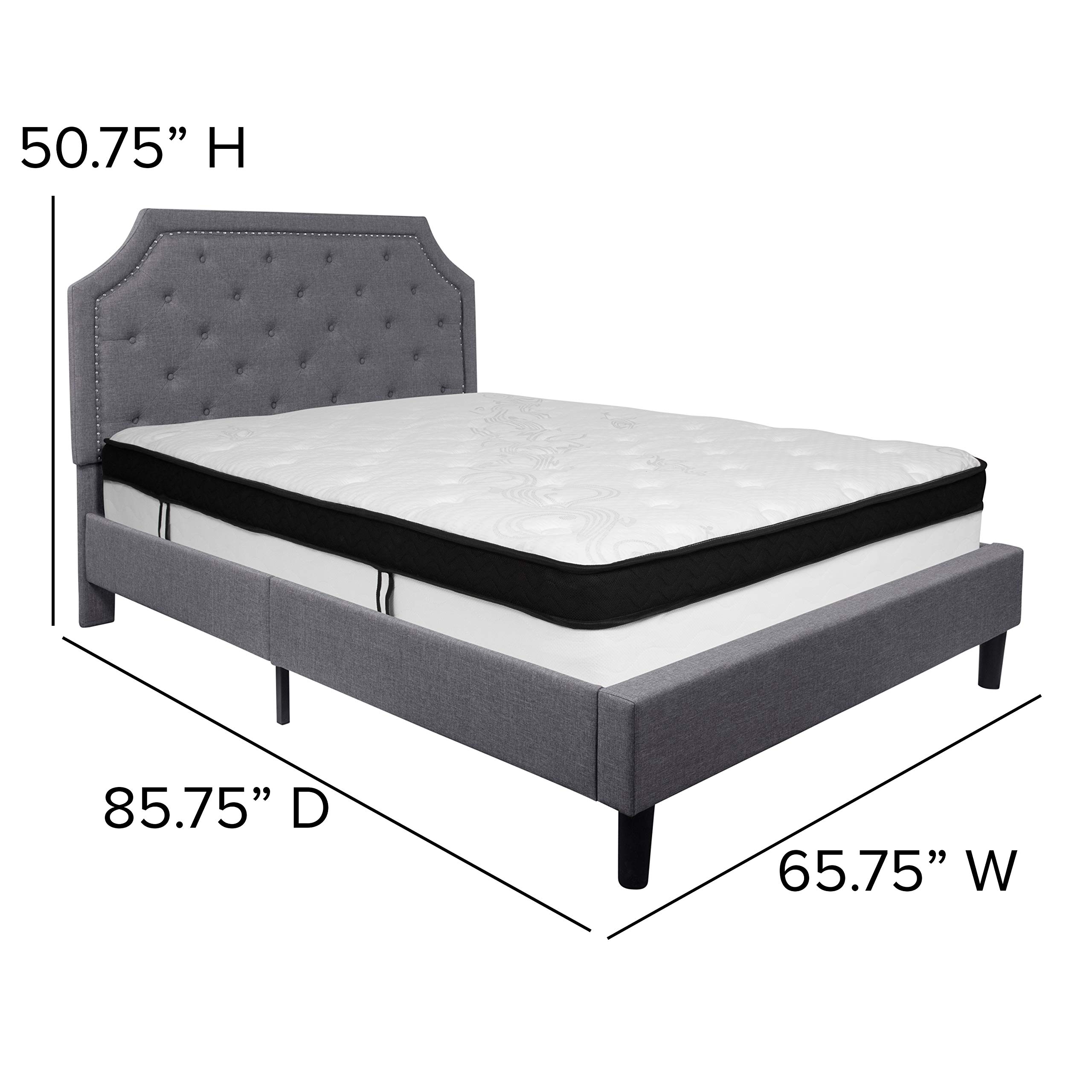 Emma & Oliver Queen Size Arched Tufted Platform Bed with Memory Foam Mattress - Light Gray Fabric Upholstered Bed Frame for Modern Bedroom Decor