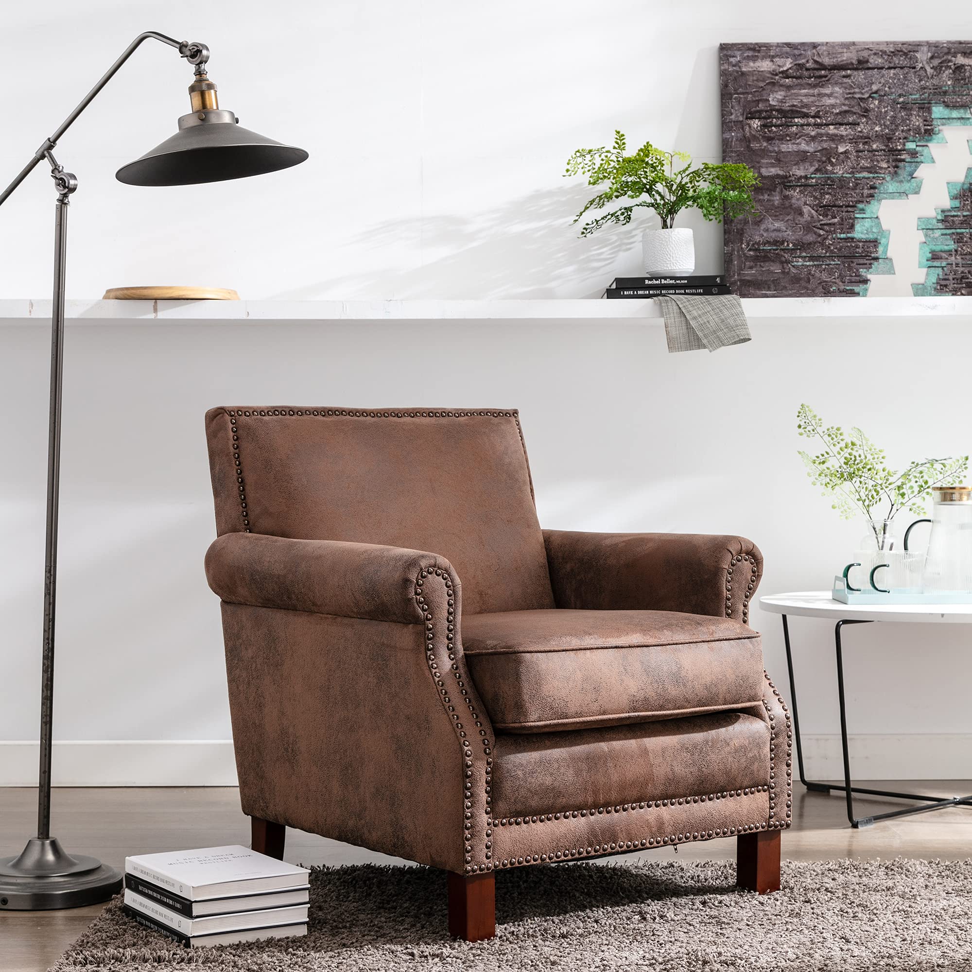 Traditional Upholstered Fabric Club Chair with Nailhead Trim - Recliner Accent Chair for Living Room, Bedroom or Office - Antique Brown - Perfect for Cozy Reading Nooks & Home Theater Seating