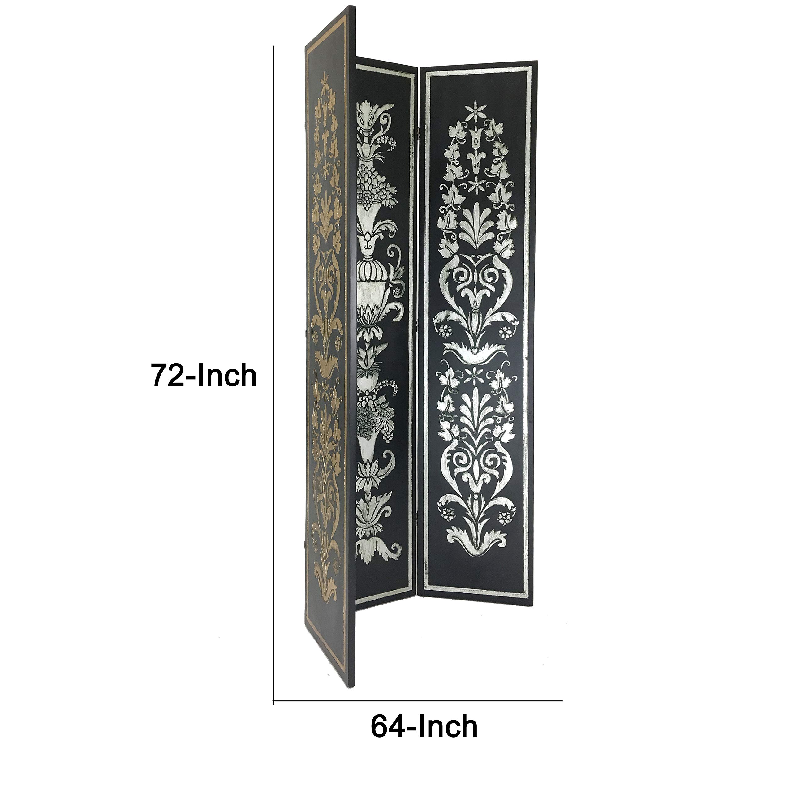Benjara Wooden 3-Panel Room Divider - Double-Sided Motifs for Home & Office Decor