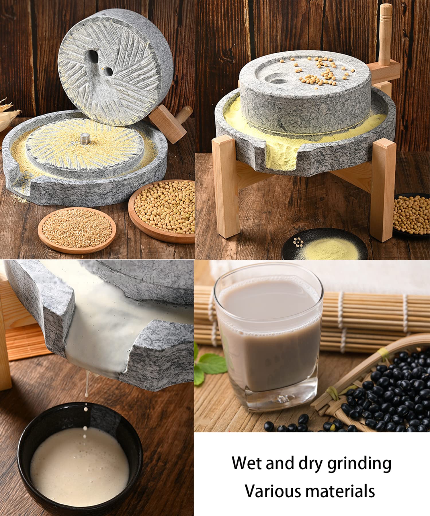 Manual Grain Wheat Flour Paste Stone Mill Grinder - Hand Crank Granite Mill for Tofu, Soymilk & Sesame - 13.8 Inch Rustic Food Processor | Perfect for Home Baking, Organic Cooking & Traditional Asian Cuisine