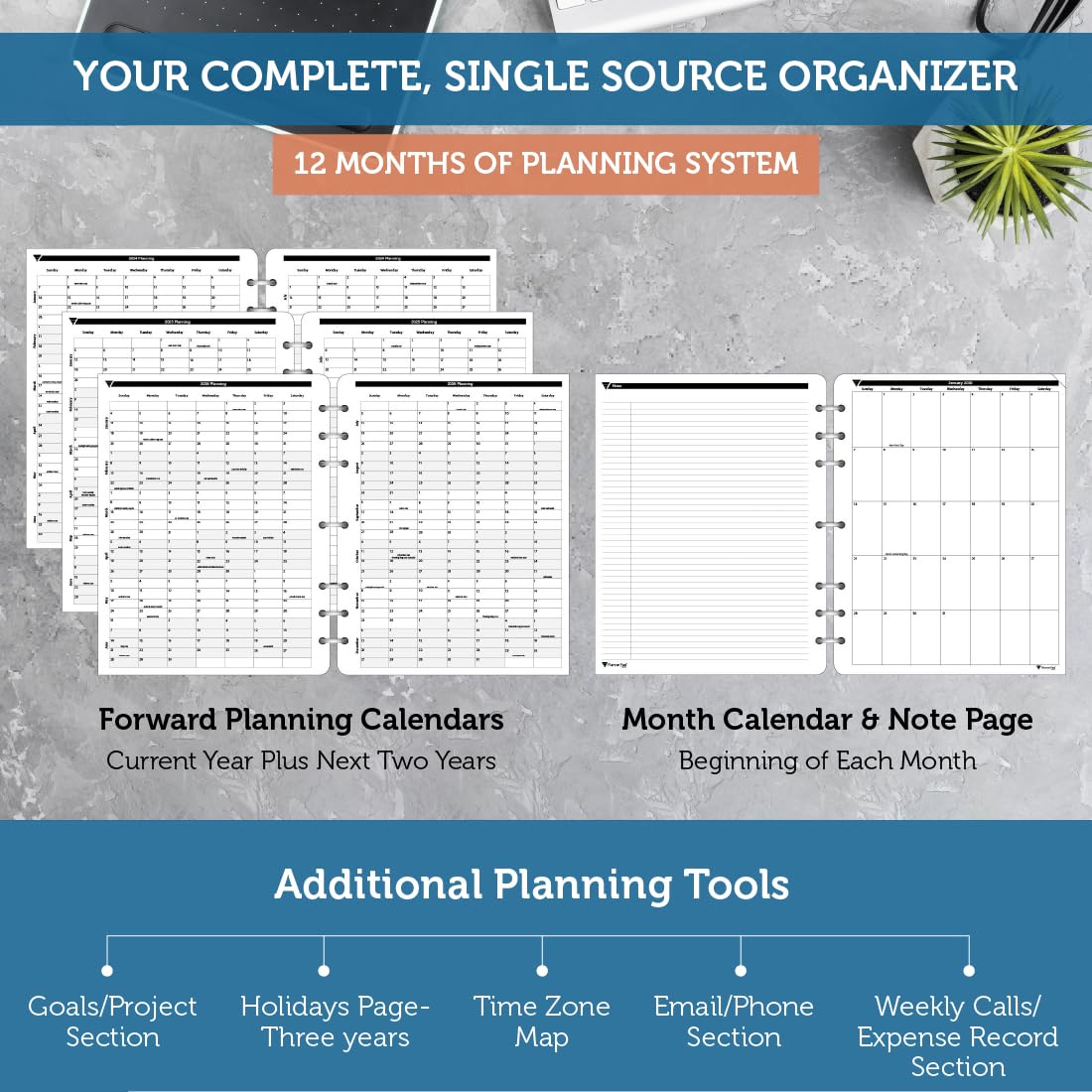 7-Hole Loose Leaf Planner Pad - 3-Tier Funnel Down System | 12-Month Organizer for Academic Year July 2024-June 2025 | 8.5