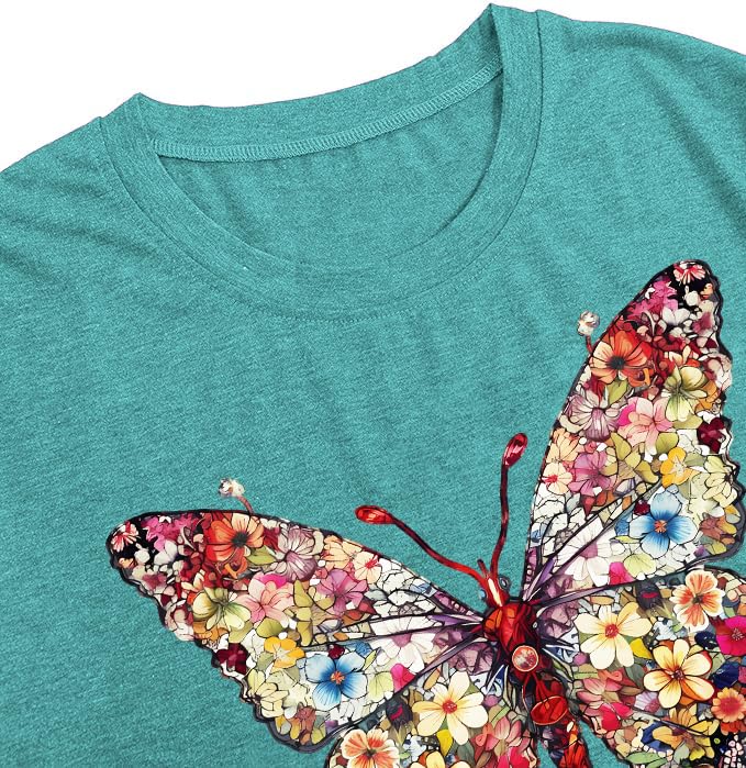 Women's Butterfly Print T-Shirts - Floral & Insect Lover Casual Short Sleeve Tops for Summer Outfits & Nature Enthusiasts