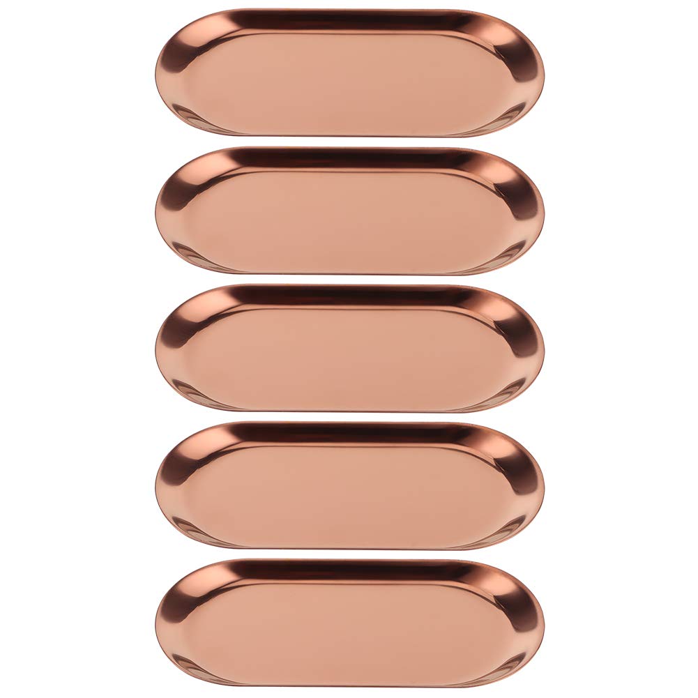 Stainless Steel Jewelry Organizer Tray - 5 Piece Oval Jewelry Dish Set (7.0x3.3 Inch) for Rings, Earrings & Necklaces | Rose Gold Home Decor Storage Solution | Perfect for Vanity, Bathroom & Gift Giving