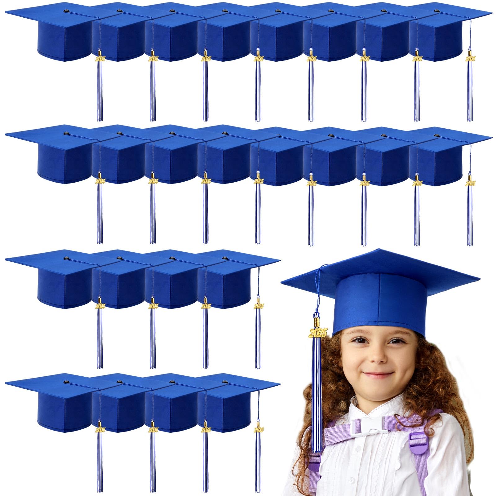 Berlune 2025 Preschool Graduation Caps Bulk - 24-Pack Kindergarten Graduation Hats with Metal 2025 Tassel, Adjustable Child Size (3-6 Years) - Perfect for Preschool Ceremonies, Kindergarten Graduation Parties & Photo Shoots