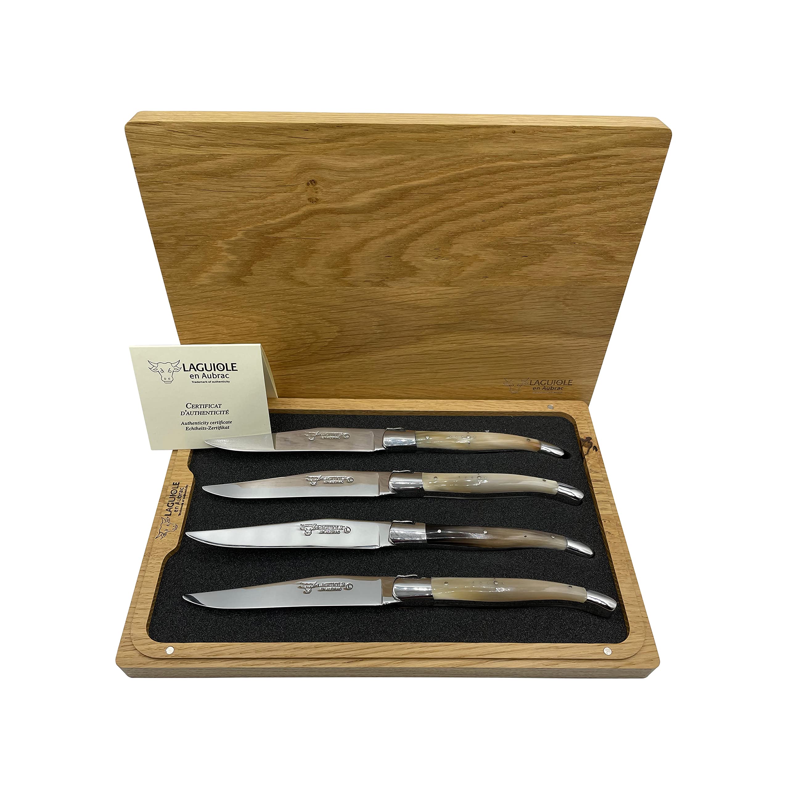 Premium Laguiole en Aubrac Forged Full Tang Steak Knives Set - 4-Piece Luxury Stainless Steel Cutlery with Solid Horn Handle & Polished Bolsters - Perfect for Fine Dining, Steakhouse Experience & Gourmet Gifts