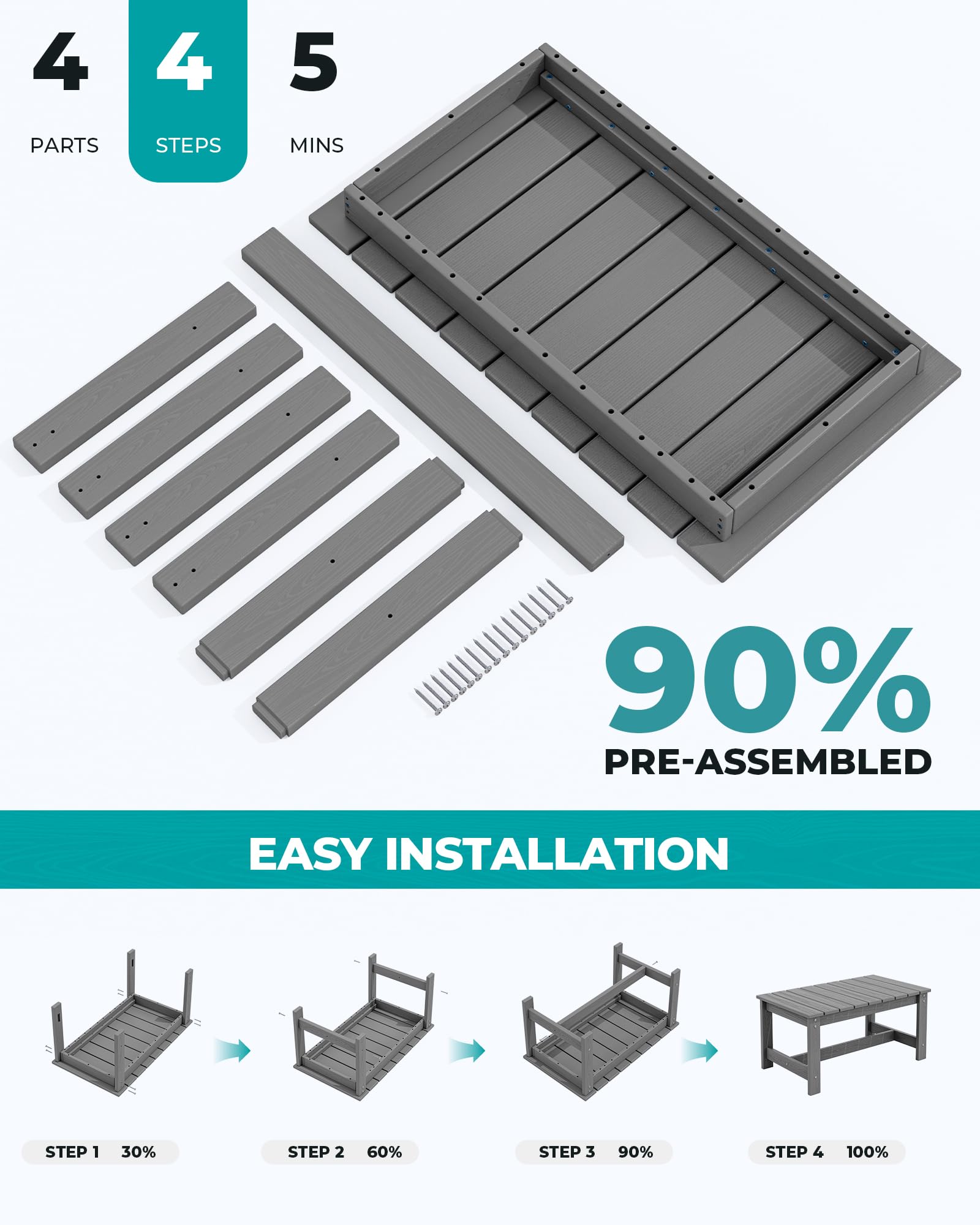 SERWALL Outdoor Coffee Table - Weather-Resistant HDPE Patio Table for Garden, Deck, Poolside (Grey) | Perfect for Backyard, Balcony & Outdoor Lounge Areas