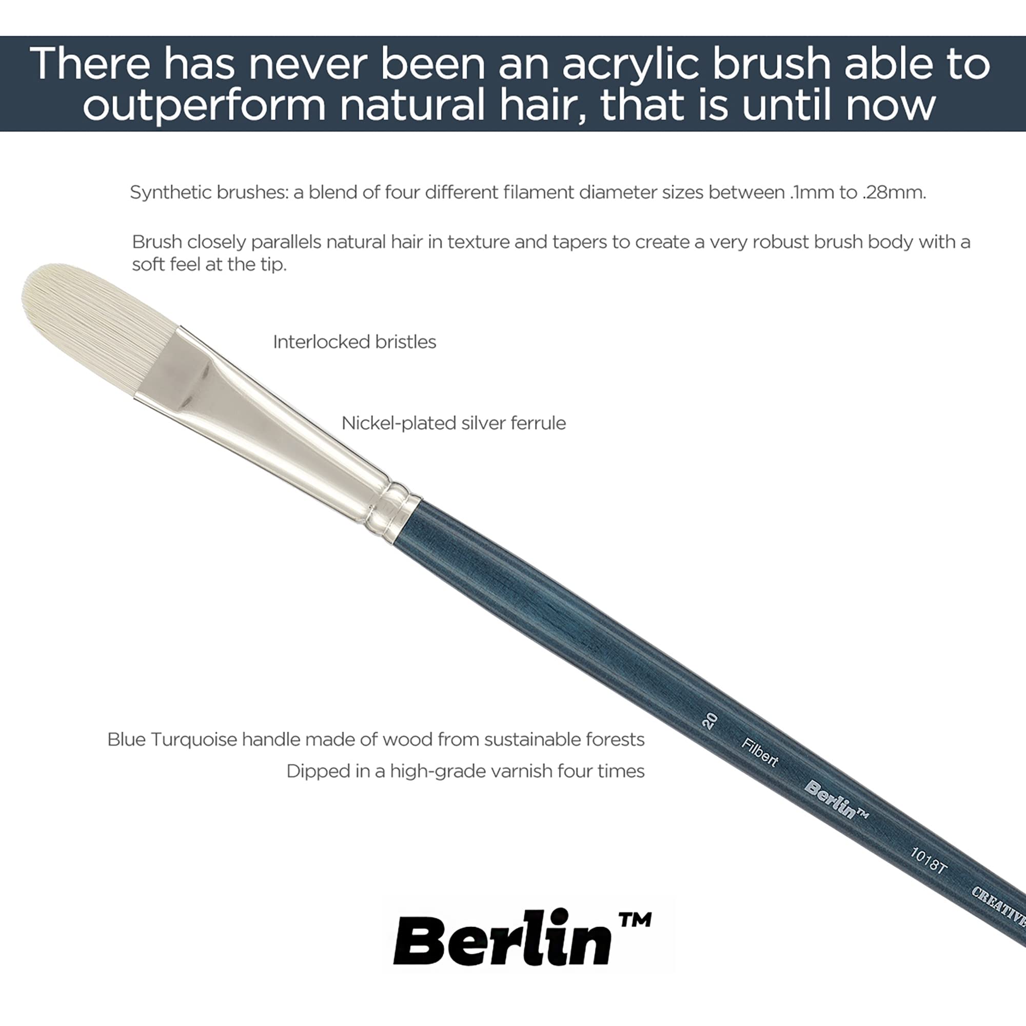 Professional Synthetic Acrylic Paint Brushes Set of 3 - Long Handle Artist Brushes for Oil, Watercolor & Acrylic Painting - Berlin Series 9980 - Perfect for Canvas, Wood & DIY Art Projects