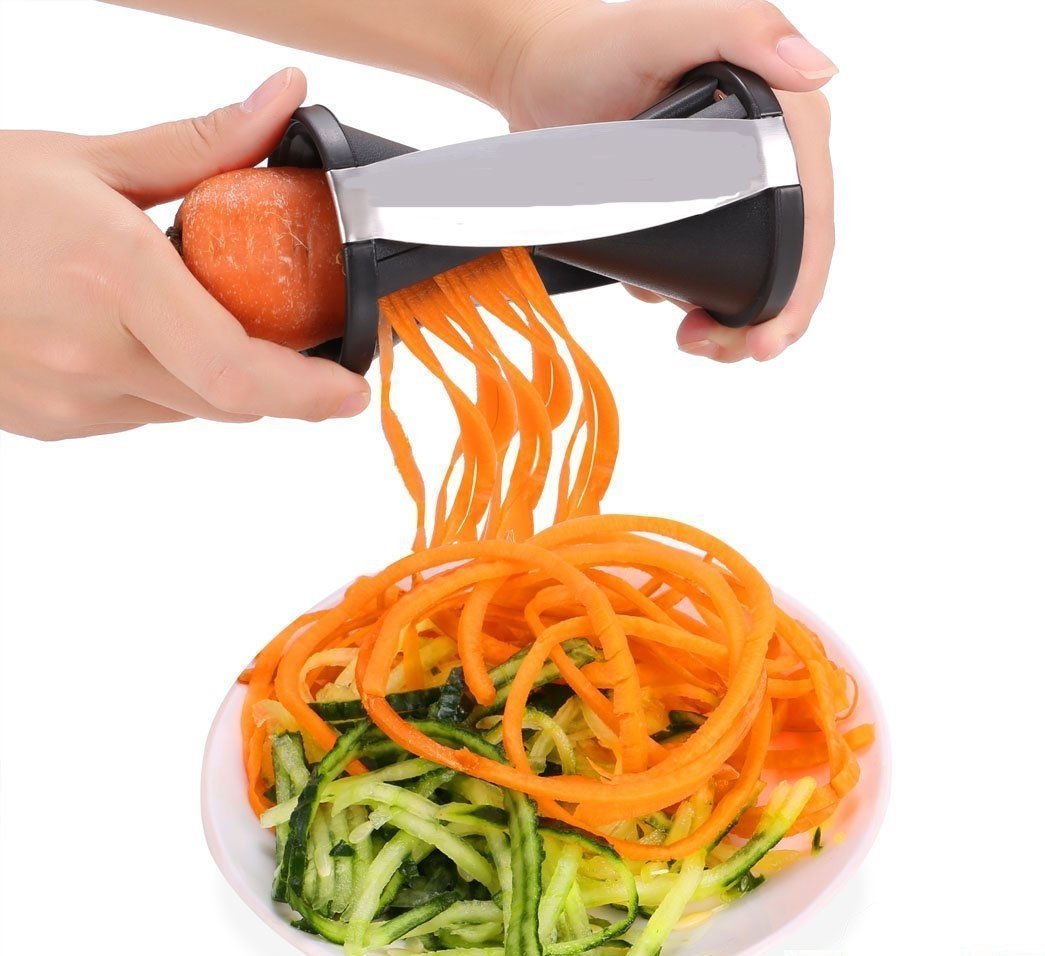 4-in-1 Vegetable Spiralizer with Interchangeable Blades | Zucchini Noodle Maker for Healthy Pasta | Includes Free Ceramic Peeler & Cleaning Brush | Perfect for Low-Carb, Keto, Vegan Diets & Meal Prep | Black