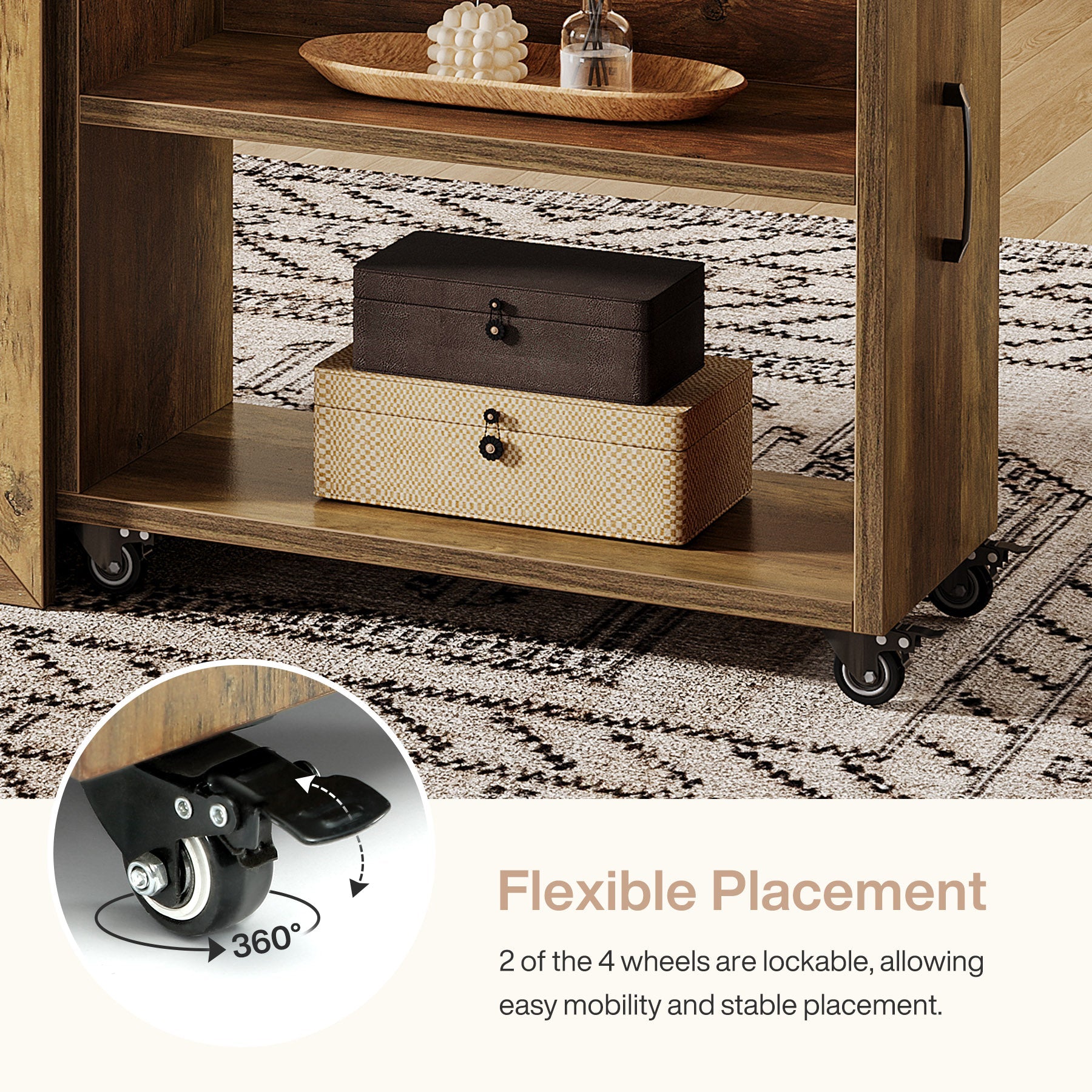 3 Tier Extendable Rolling Side Table with Lockable Wheels - Multi-Purpose End Table, Nightstand for Living Room, Bedroom, Office & Small Spaces