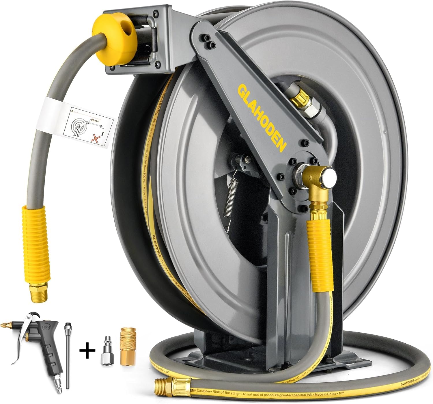 Double Arm Retractable Air Hose Reel - 3/8 in × 65 ft Hybrid Heavy Duty Steel Air Compressor Hose with 5 ft Lead, 300PSI Max, Auto Rewind & Quick Coupler Swivel Fitting - Ideal for Garage, Workshop, and Industrial Use