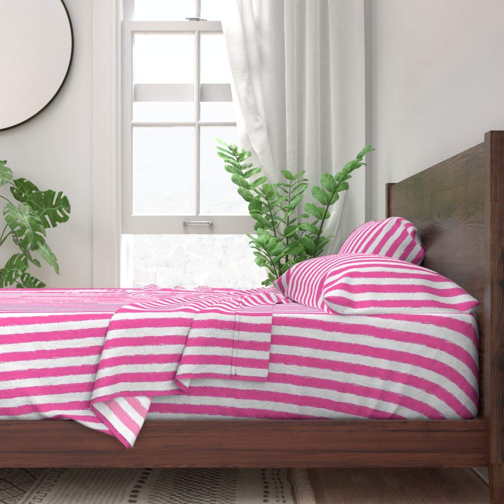 100% Cotton Twin 3-Piece Sheet Set - Hot Pink Stripes Watercolor Design | Soft Breathable Bedding for Girls Room, Dorm & Summer Decor | Spoonflower Custom Printed Sheets