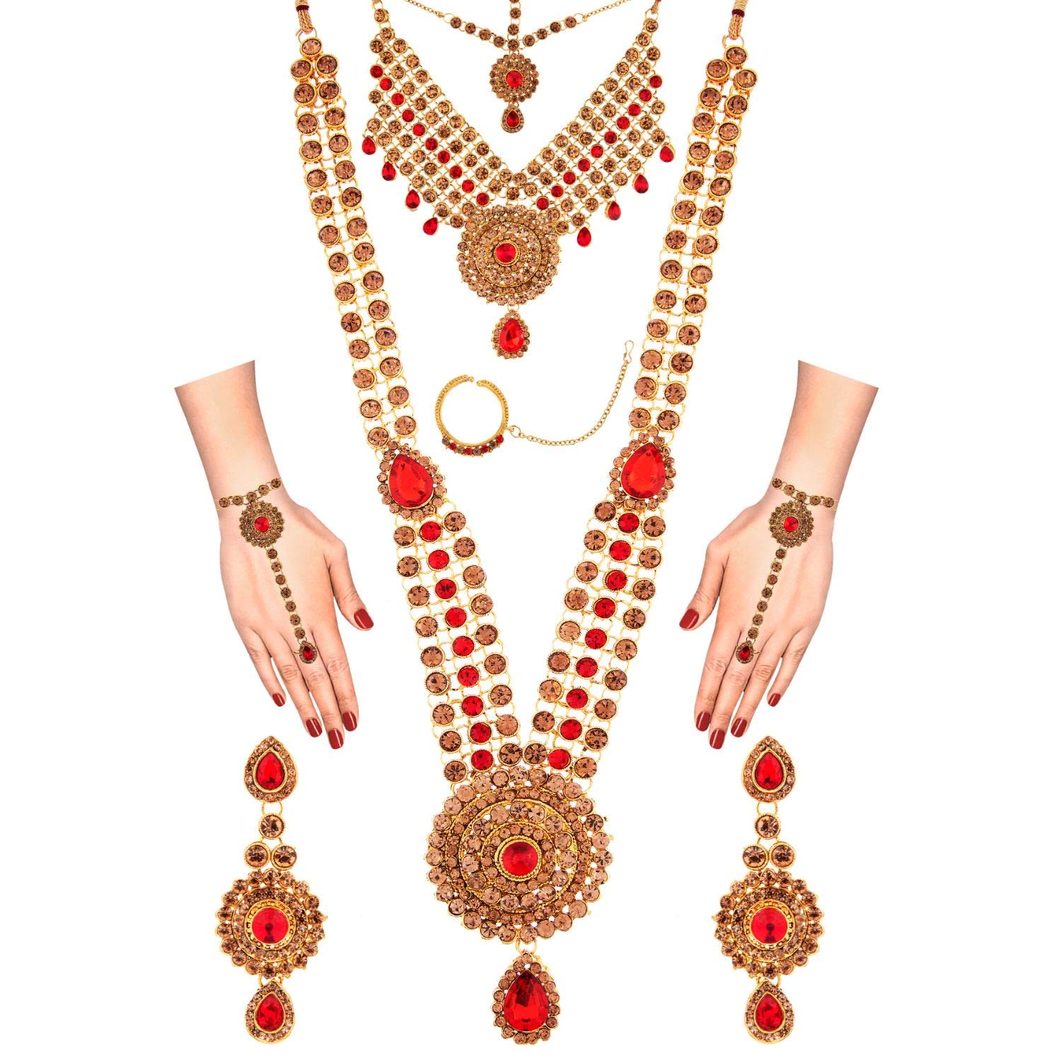 Exquisite Indian Bollywood Bridal Jewelry Set - Kundan Crystal Necklace, Earrings, Maang Tikka, Head Chain, Nose Ring & Bracelet for Wedding & Special Occasions | Perfect for Bridal, Mehendi & Sangeet Ceremonies