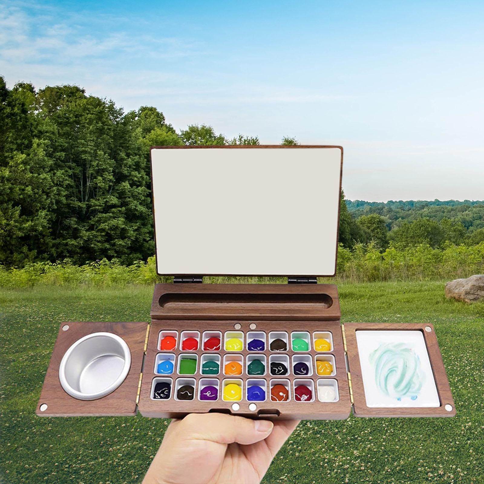 Premium Handmade Wooden Watercolor Paint Box with Mixing Palette - Artist Painting Set for Studio, Travel & Outdoor Sketching