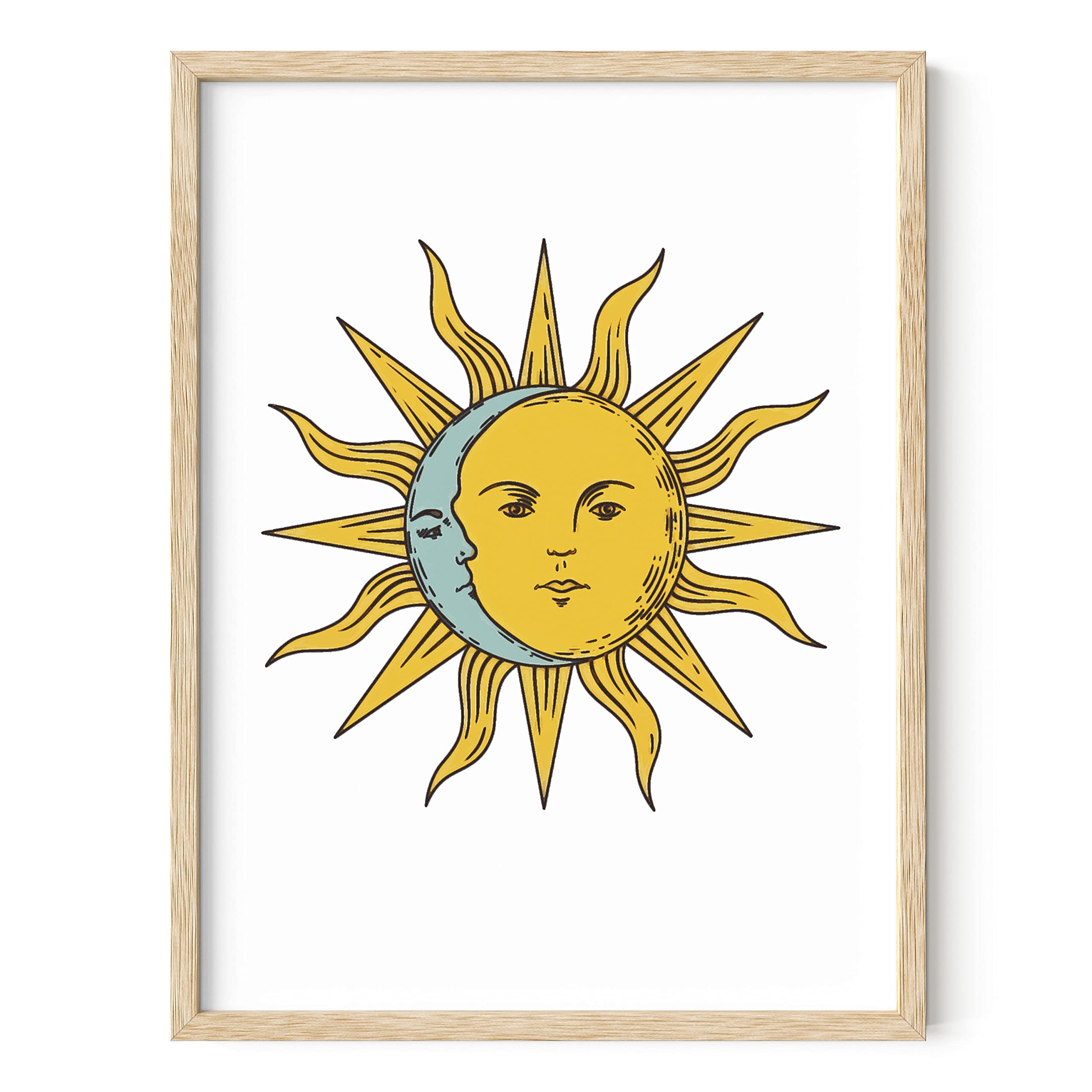 HAUS AND HUES Psychedelic Wall Art - Trippy Sun and Moon Poster with Beige Frame (12x16) | Spiritual & Astrology Decor for Bedroom, Living Room, Meditation Space