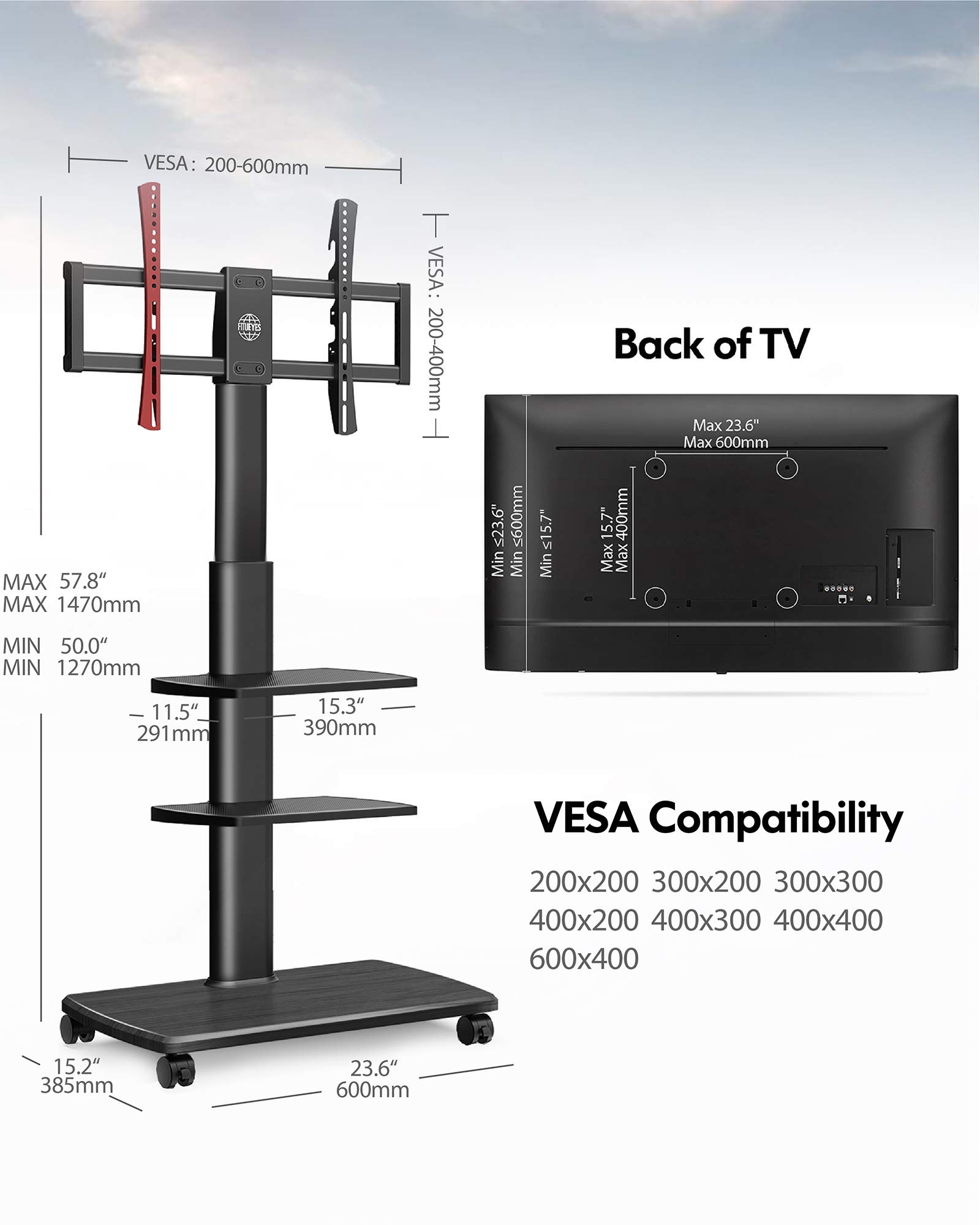 FITUEYES Universal Mobile TV Stand with Swivel Mount for 32-70 Inch Flat & Curved TVs - Heavy Duty Rolling TV Cart with Wheels (88 lbs Capacity, Max VESA 600x400mm) - Perfect for Living Room, Bedroom, or Office (Black)