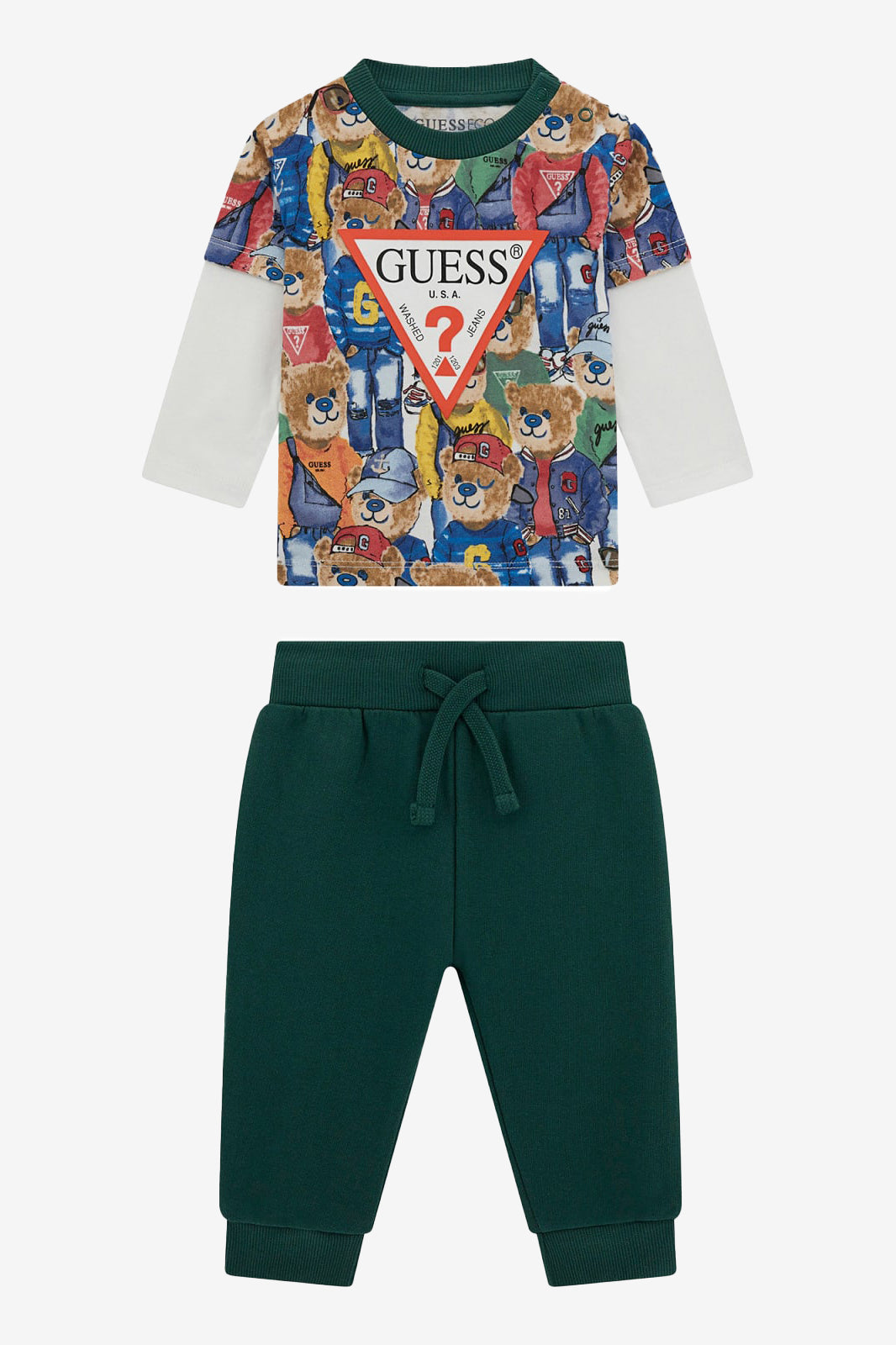 Theodore Blue and Green Bear Print Matching Top and Joggers Set - Cute Animal Outfit for Women, Casual Loungewear, Sleepwear, and Playtime Comfort