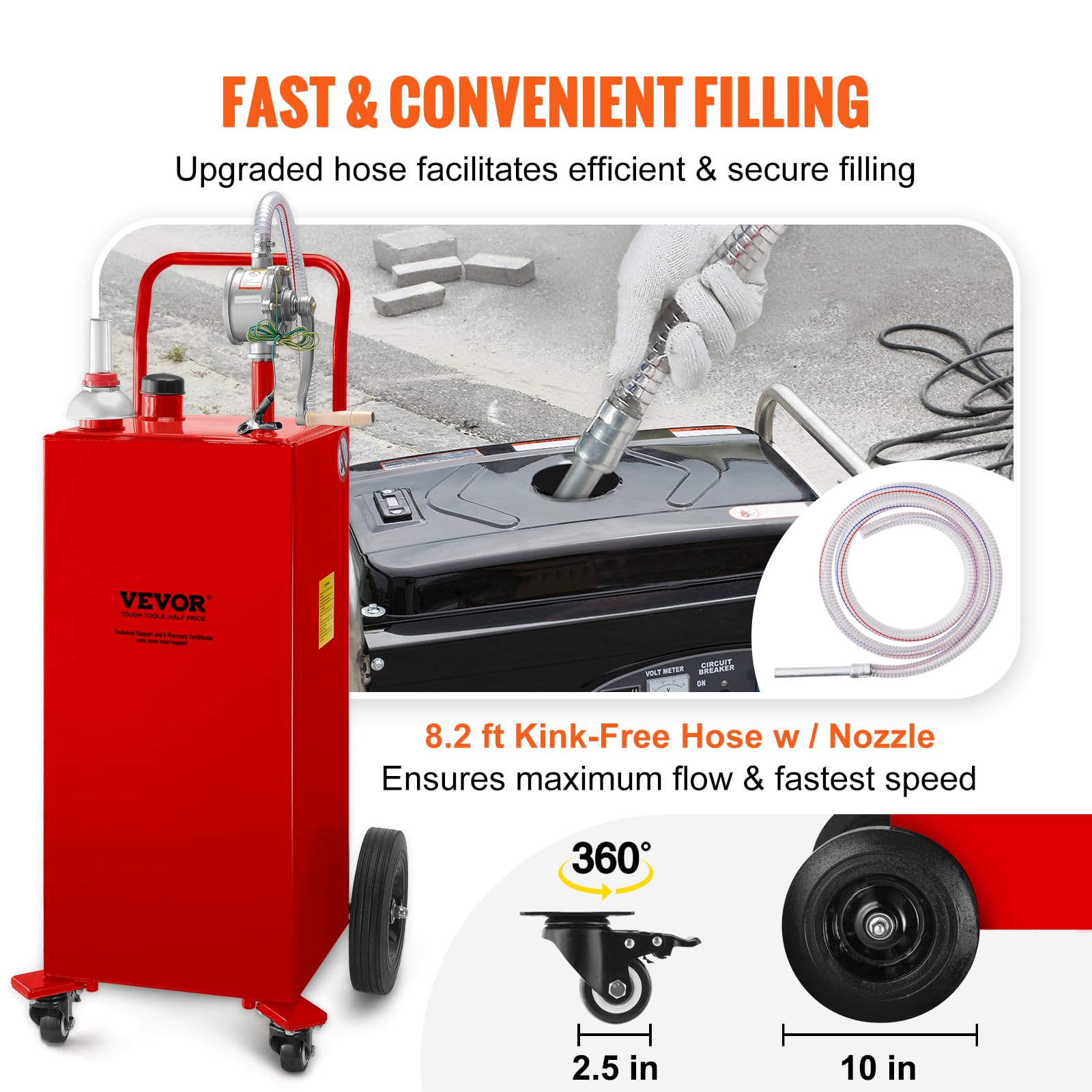 VEVOR 35 Gallon Gas Caddy with Manual Pump - Portable Fuel Storage Tank on Wheels for Gasoline & Diesel - Perfect for Cars, Lawn Mowers, ATVs, Boats & Outdoor Equipment - Red (Ideal for Garage, Farm, Construction Sites & Emergency Fuel Storage)
