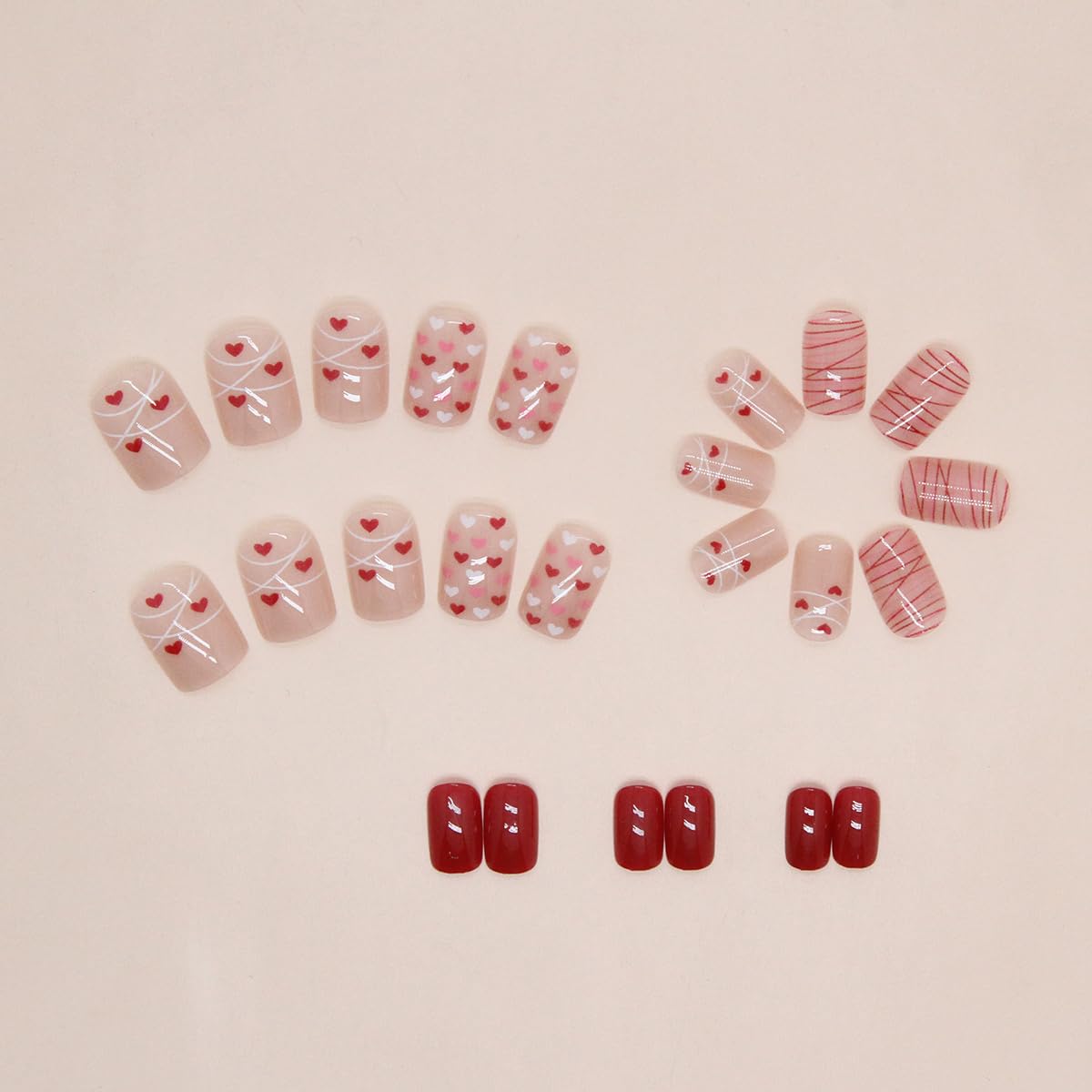 24Pcs Valentine's Press on Nails Short Square - Red Heart & White Glossy Acrylic Fake Nails with Glue - Perfect for Date Night, Parties & Romantic Occasions
