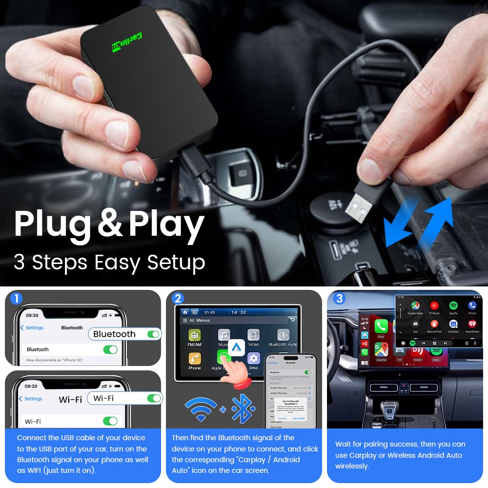 CarlinKit 5.0 Wireless Android Auto & Apple CarPlay Adapter (2025 Model) - Dual Channel Connection, Plug & Play USB Dongle for Cars 2016+ | Convert Wired to Wireless | Perfect for Commuting, Road Trips & Hands-Free Driving