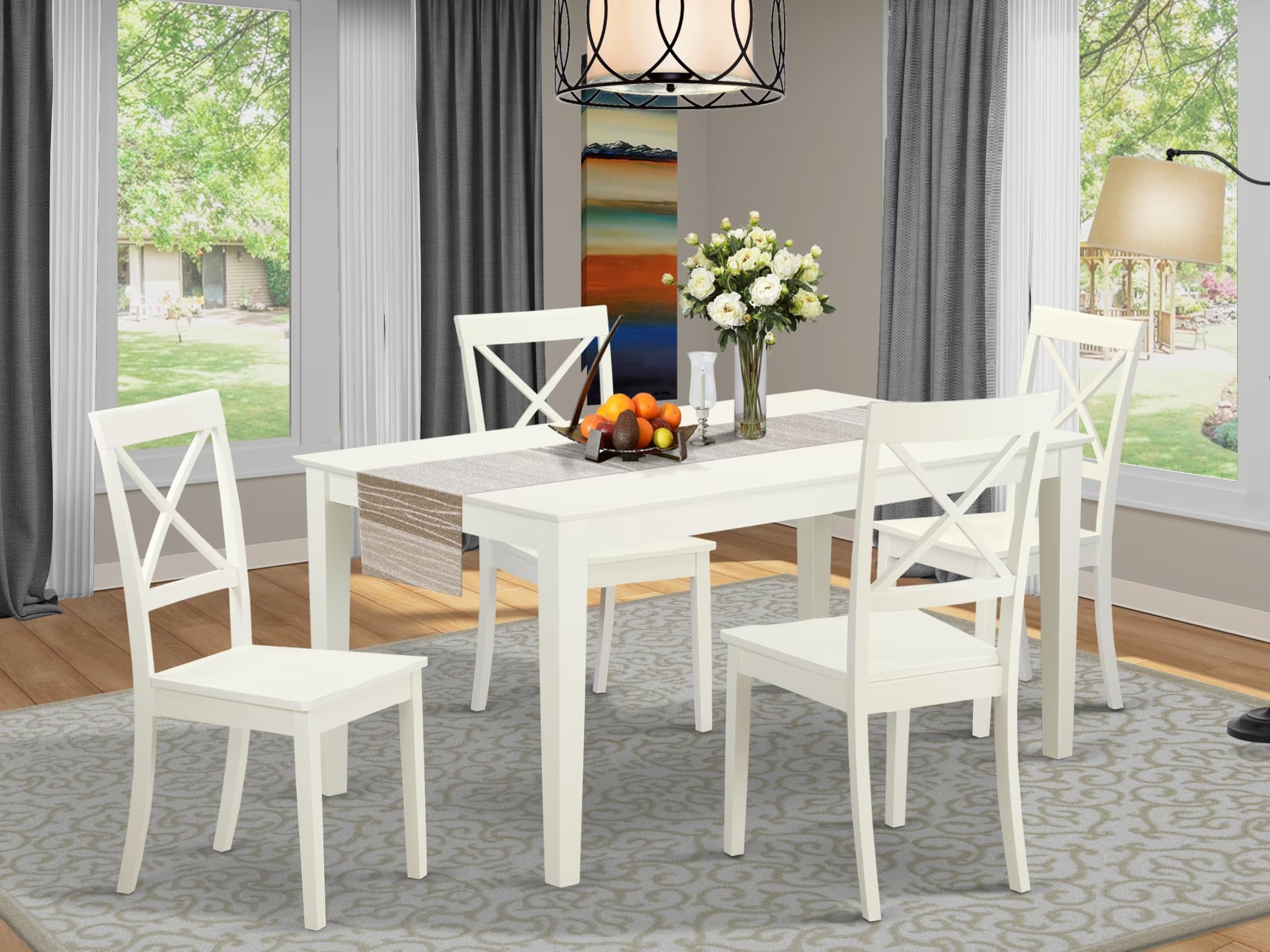 East West Furniture CABO5-LWH-W 5-Piece White Linen Dining Set with 36x60 Inch Rectangle Table & 4 Chairs - Perfect for Small Kitchens, Breakfast Nooks & Cozy Apartments