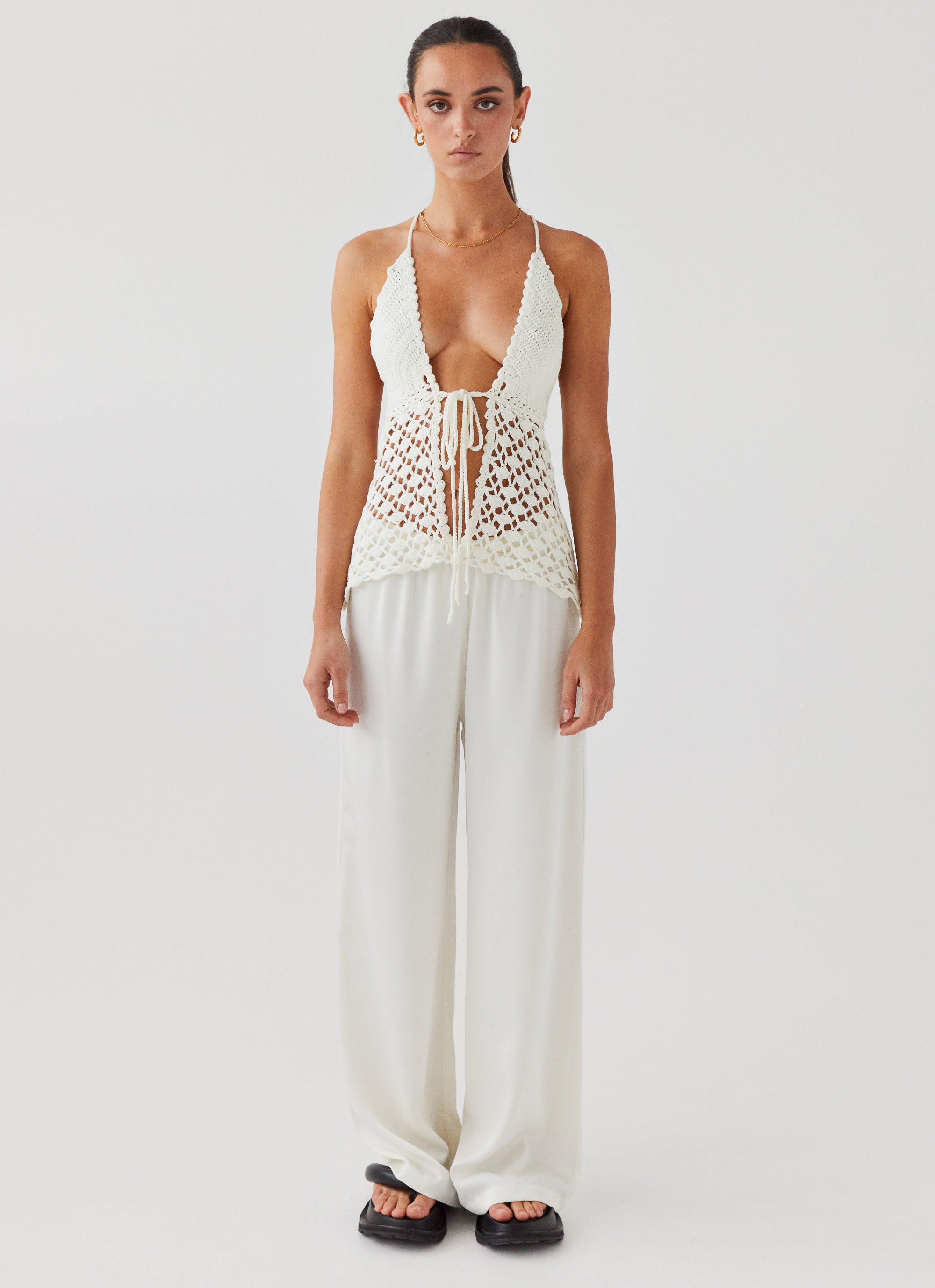 Into You Crochet Tie Top Women's Summer Boho Crop Top - Ivory White Lace Up Casual Blouse for Beach, Music Festival & Vacation Outfits