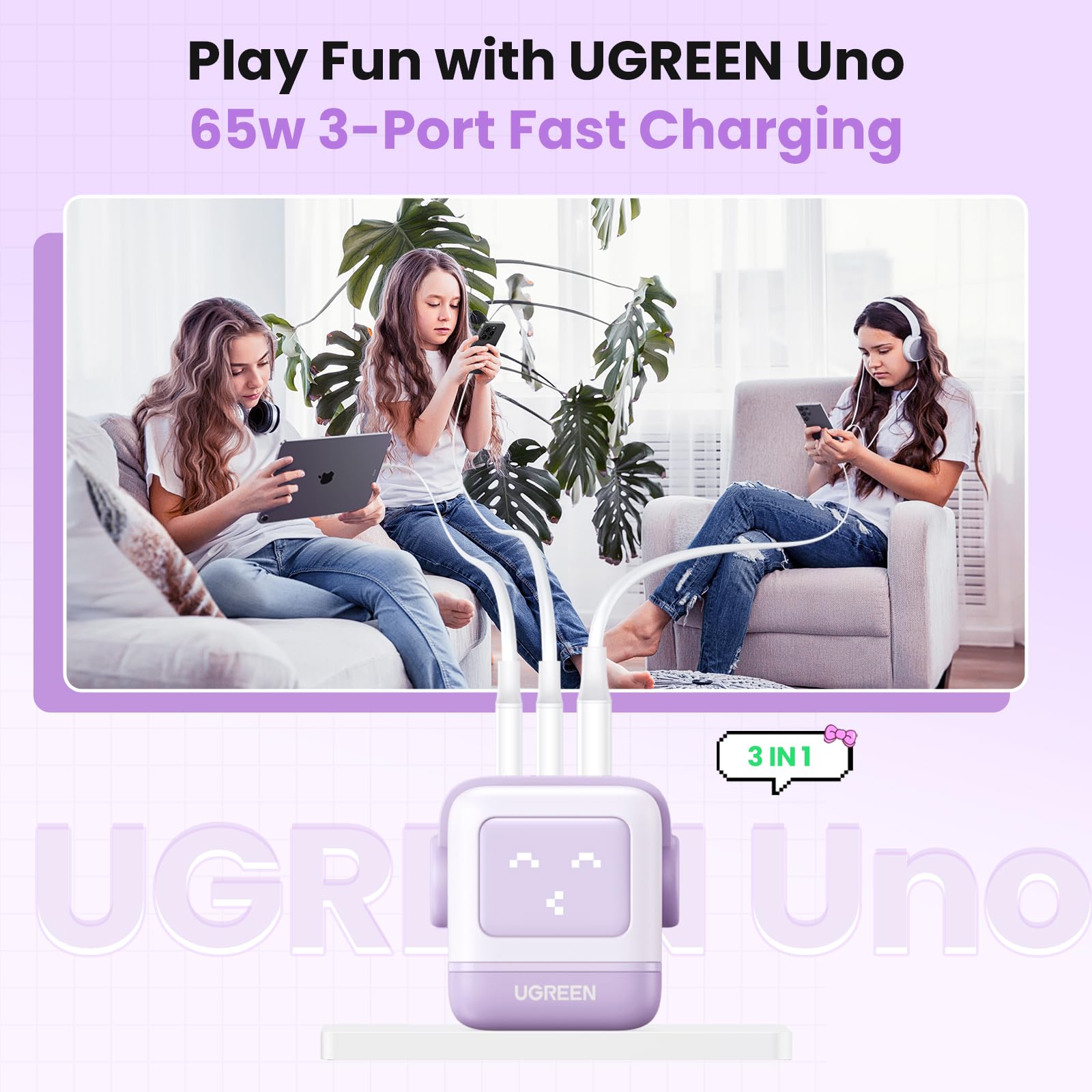 UGREEN Nexode 65W GaN Fast Charger with 3-Ports, Compact USB C Wall Charger for MacBook Pro/Air, iPhone 15/14 Pro, Galaxy S23 Ultra, Pixel 8, iPad, Steam Deck - Fast Charging for Home, Office & Travel (Purple)