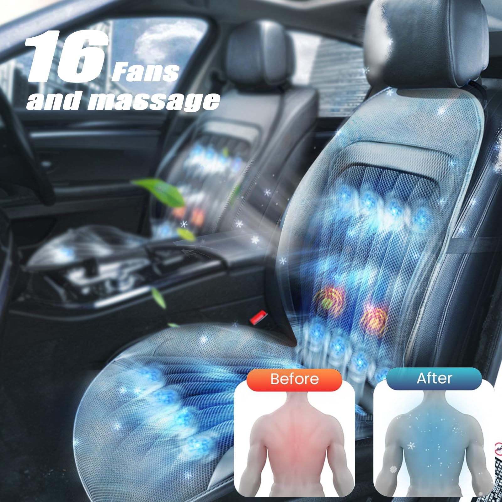 Breathable Cooling Car Seat Covers with 12V 16 Fans - 3-in-1 Summer & Winter Car Seat Cooling Pad for Comfortable Driving, Universal Fit for Most Vehicles - Perfect for Long Road Trips and Hot Weather Commutes