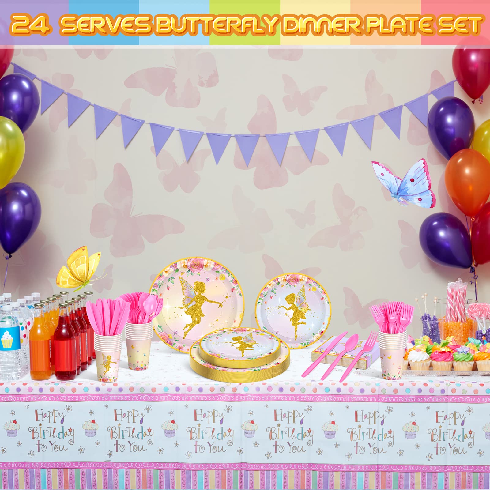 Butterfly Fairy Party Plates & Napkins Set for 24 Guests - 168 Pc Birthday Baby Shower Decorations with Cups, Cutlery (Forks, Knives, Spoons) - Perfect for Girls' Fairy Theme Parties & Special Celebrations