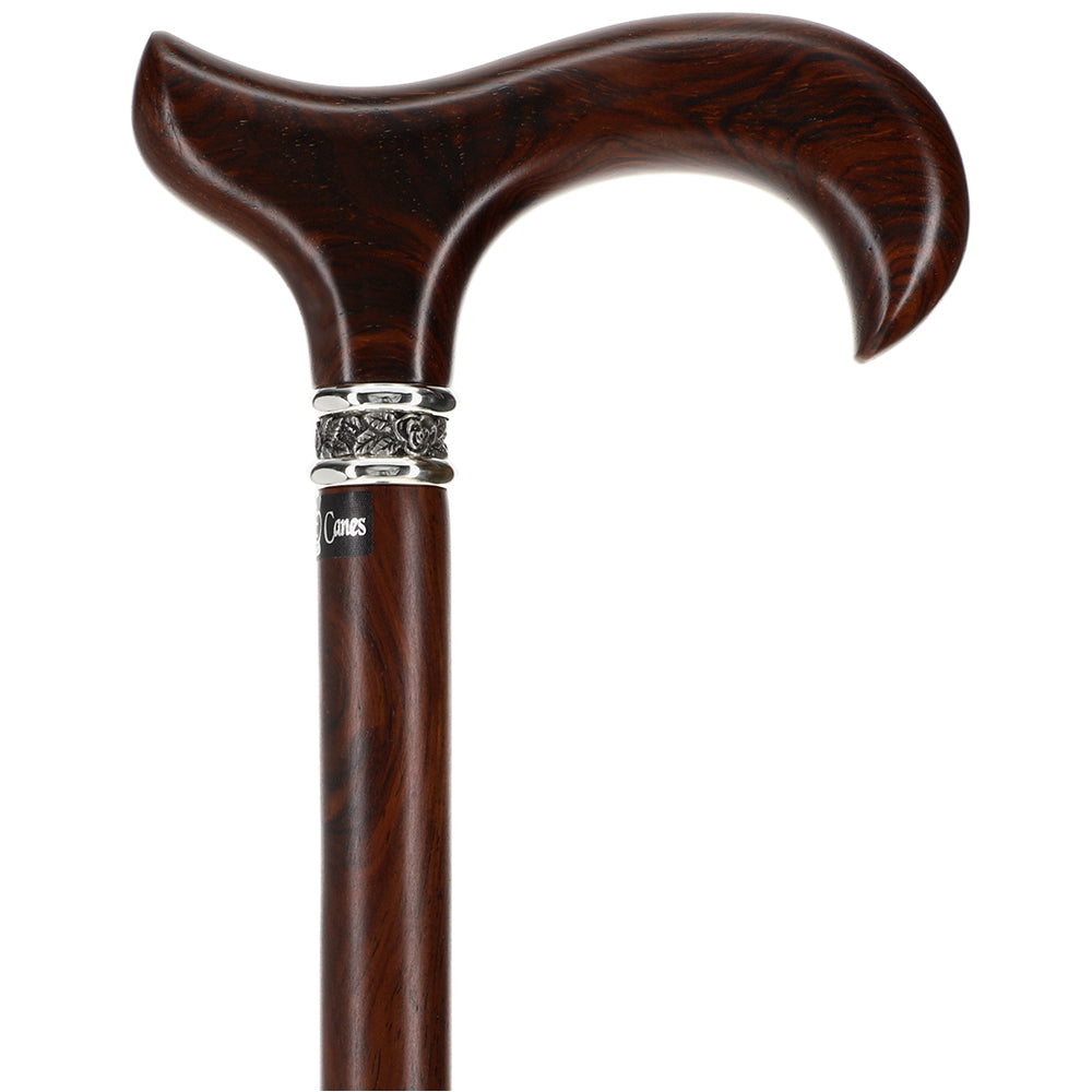 Premium Cocobolo Wood Walking Cane with Pewter Rose Collar - Scratch & Dent Derby Style (V1518) | Ideal for Seniors, Mobility Support & Fashionable Accessory for Outdoor Walks