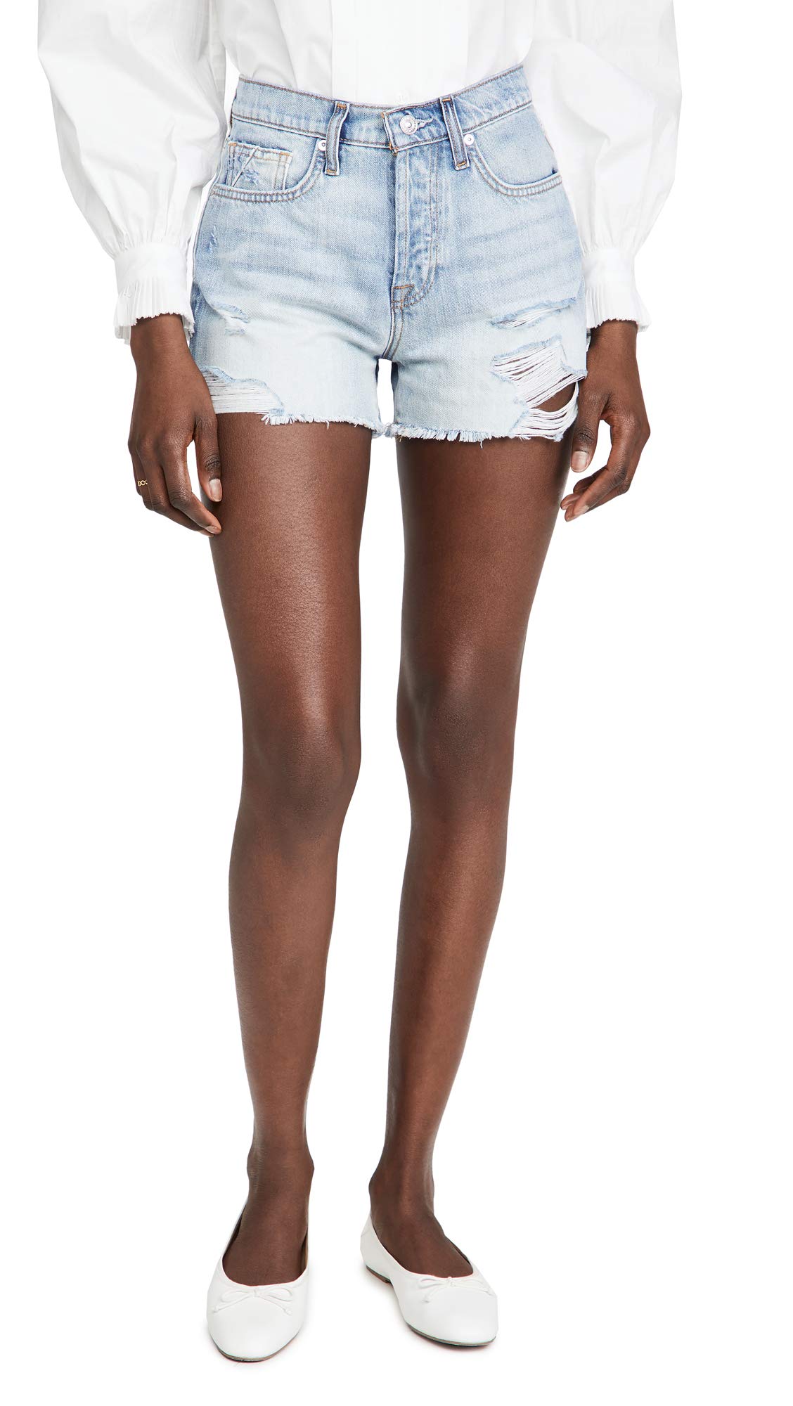 7 For All Mankind Women's Monroe Cutoffs Denim Shorts - Cosmic Blue Rigid Wash | High Waisted Distressed Denim Shorts for Summer, Beach & Casual Outfits