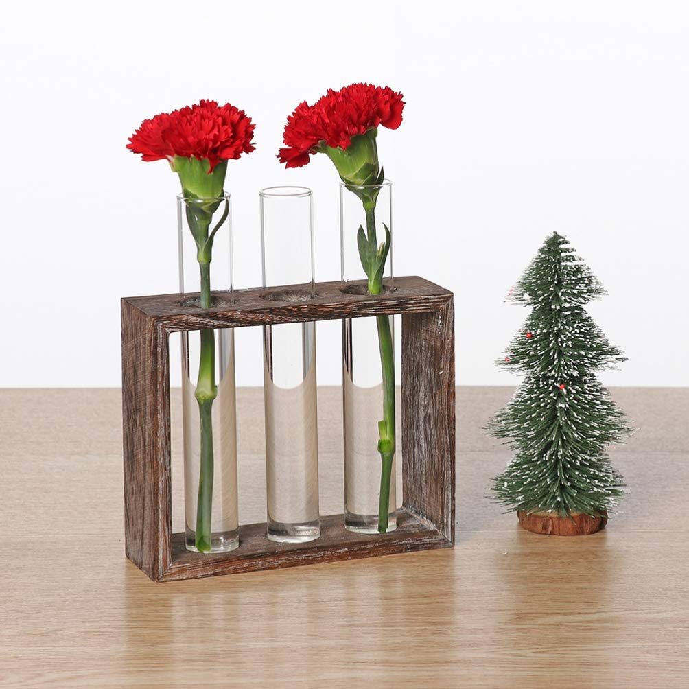DOITOOL 1PC Hydroponic Glass Tube Vase with Wood Frame - 5 Crystal Glass Test Tube Flower Pots for Home, Office, Wedding & Party Decorations - Perfect for Succulents, Air Plants & Floral Arrangements