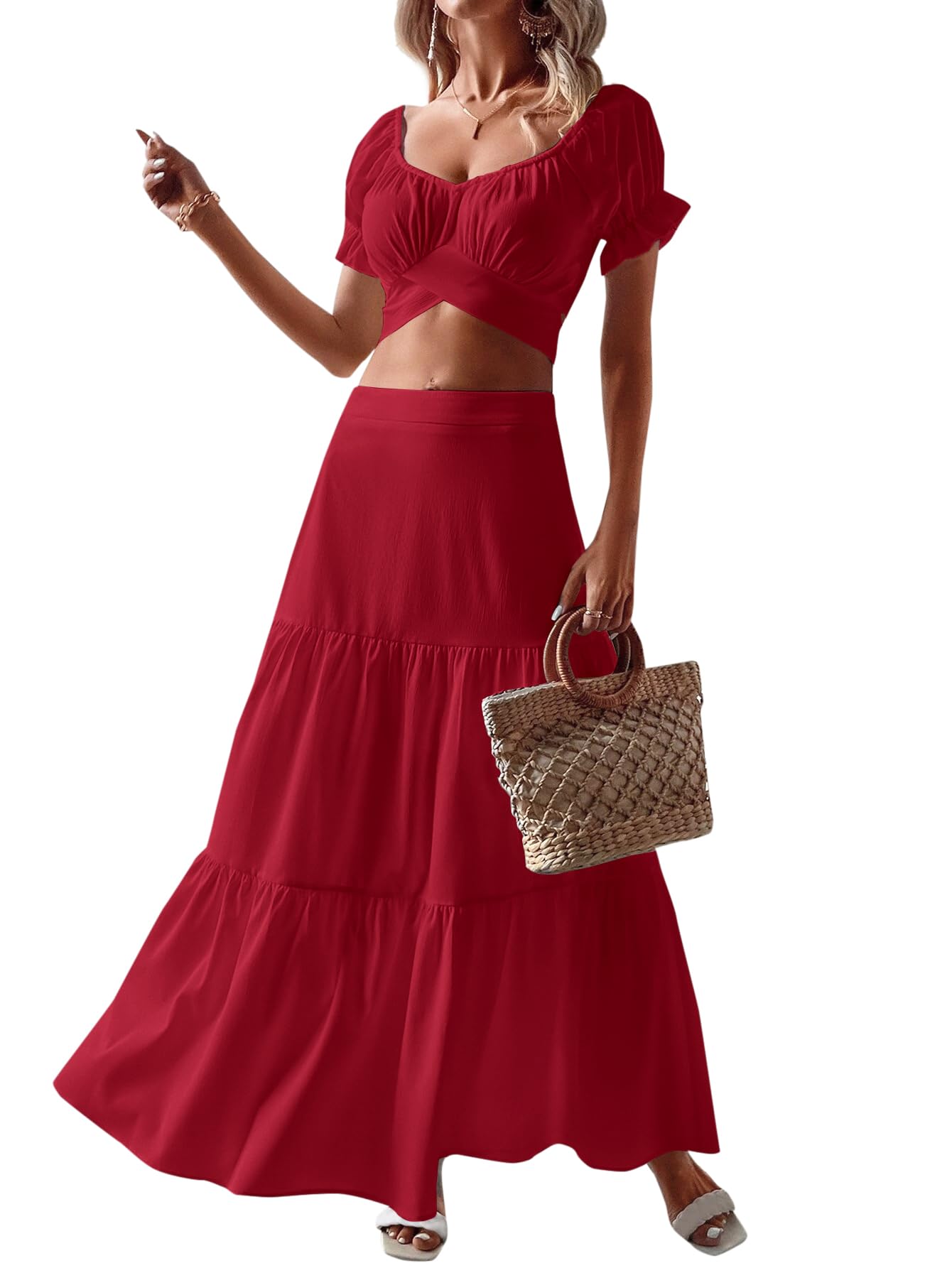 KIFOVEN Women's 2-Piece Summer Outfit Set - Off Shoulder Short Sleeve Wrap Tie Crop Top & Ruffle Maxi Skirt | Beachwear, Vacation, Date Night, Casual Wear