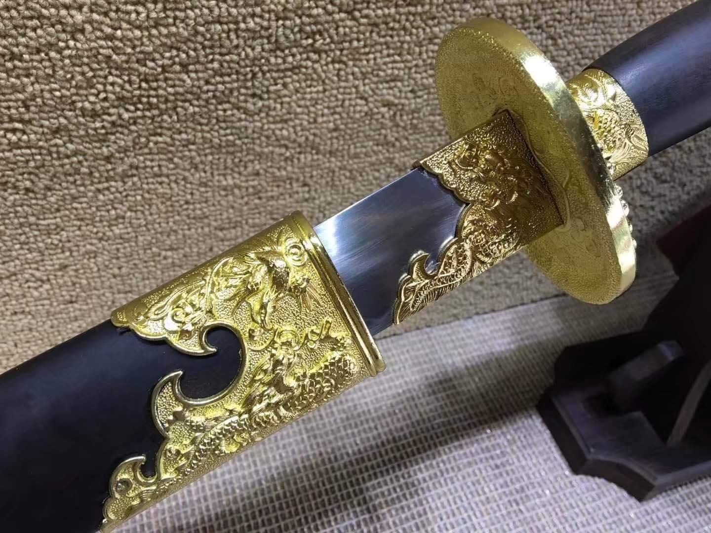 Hand Forged Chinese Broadsword - Pattern Steel Blade with Alloy & Black Wood Handle - Heat Tempered Sword for Martial Arts Training, Cosplay & Collectors