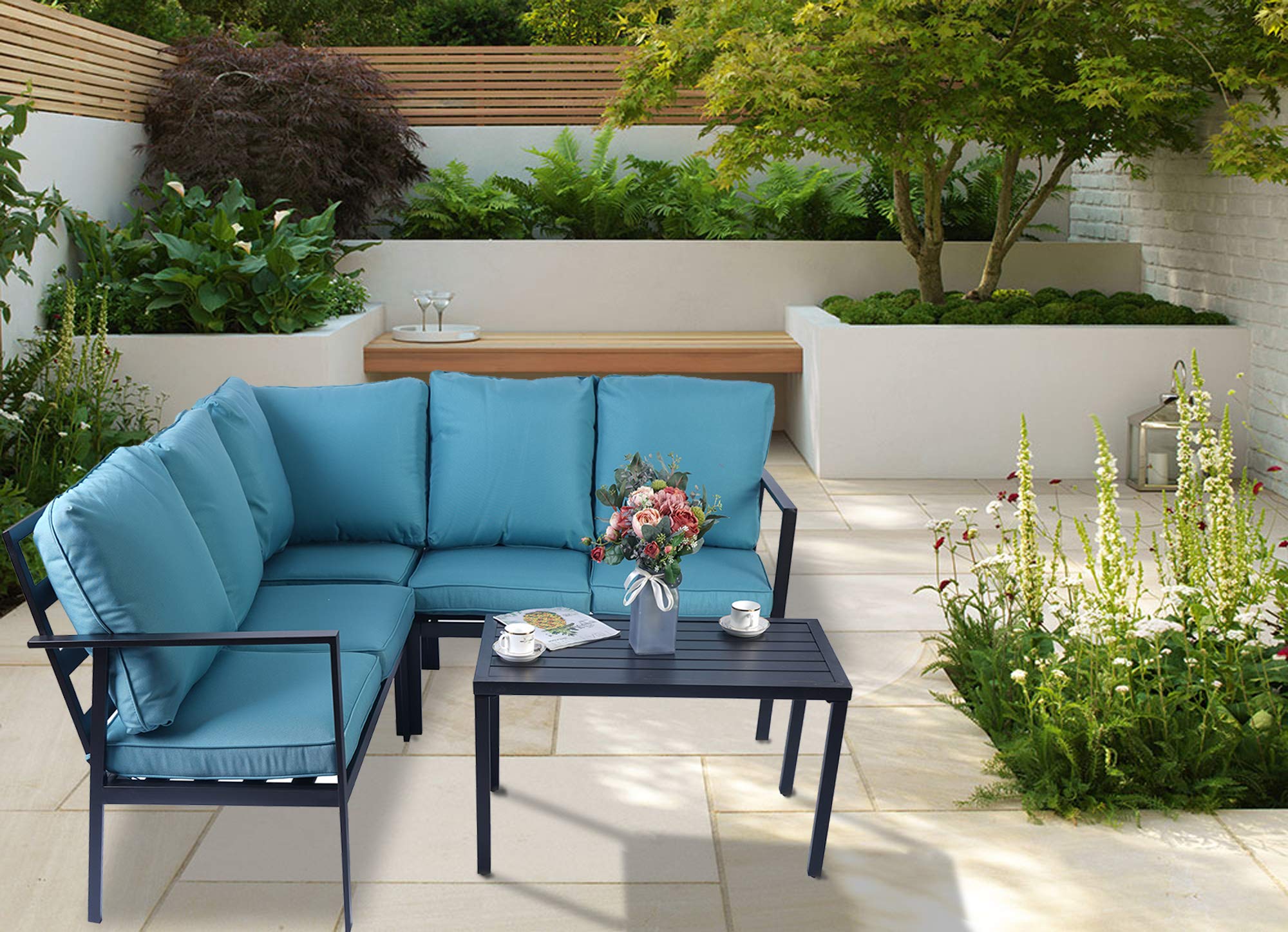 Kozyard 4-Piece Outdoor Patio Sofa Set with Durable Metal Frame & Weather-Resistant Cushions - Aqua Blue Garden Conversation Furniture for Backyard, Poolside & Terrace Relaxation