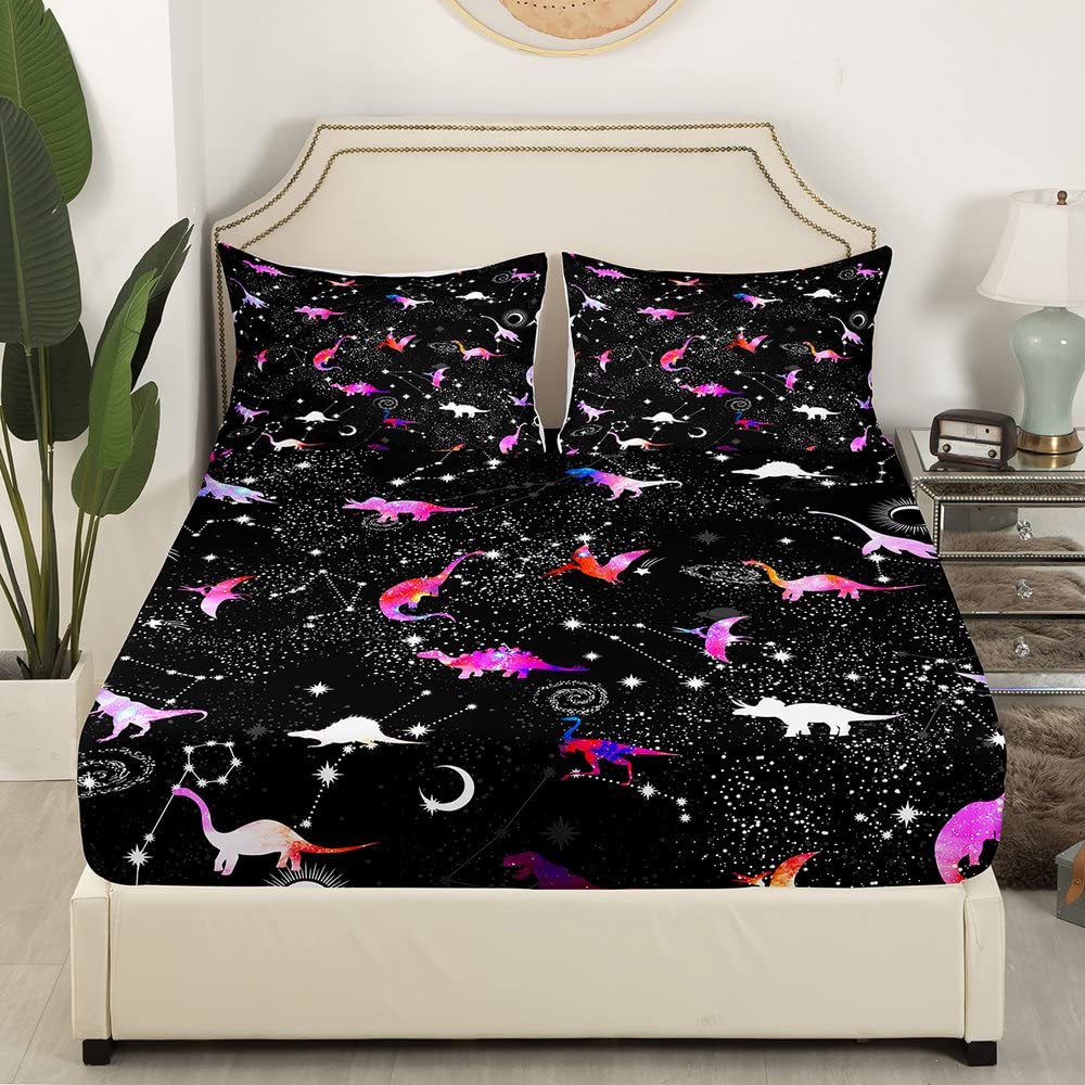 Dinosaur Silhouette Bed Sheet Set for Kids - Pink Tie Dye Dino Print Twin Size 3-Piece Set with Fitted Sheet, Flat Sheet & Pillowcase | Fun Constellation & Galaxy Design for Boys & Girls Bedroom Decor | Perfect for Kids Rooms, Sleepovers & Themed Bedrooms