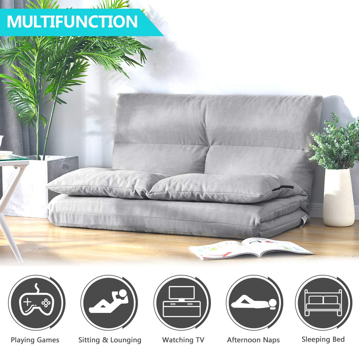 Harper & Bright Designs Adjustable Floor Sofa & Couch - 5 Position Reclining Gaming Chair & Loveseat for Living Room, Bedroom & Game Room - Comfortable Grey Floor Seating for Relaxing, Gaming & Lounging