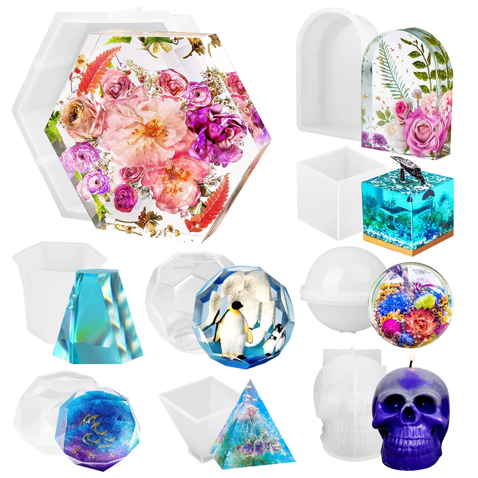 Premium 9-Piece Large Silicone Resin Molds Set - Hexagon, Arch, Skull, Cube, Sphere, Pyramid, Round Cone & Gem Shapes for DIY Epoxy Resin Casting - Perfect for Jewelry Making, Home Decor, and Craft Projects
